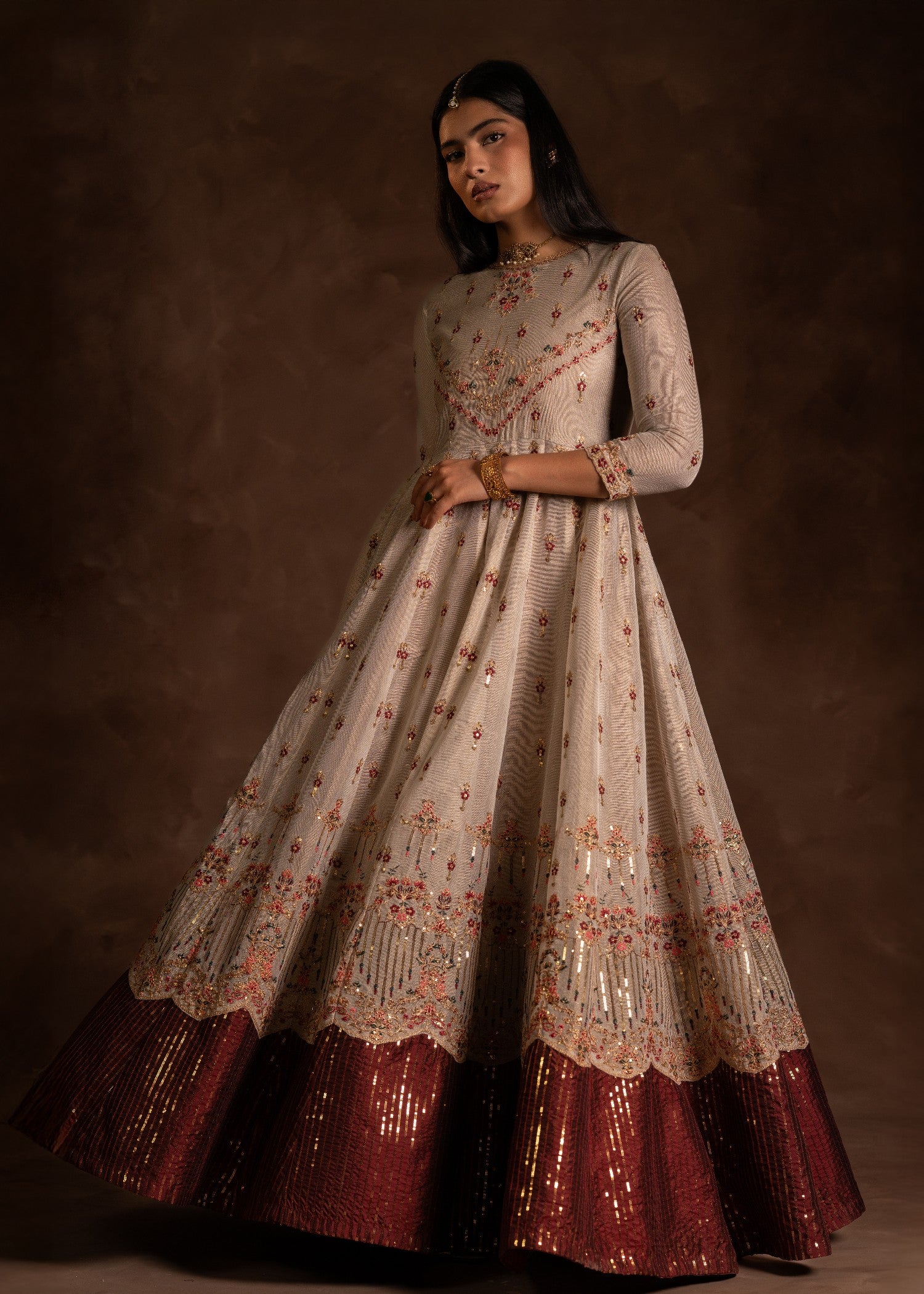 cotton net Pishwas in Maroon, beige