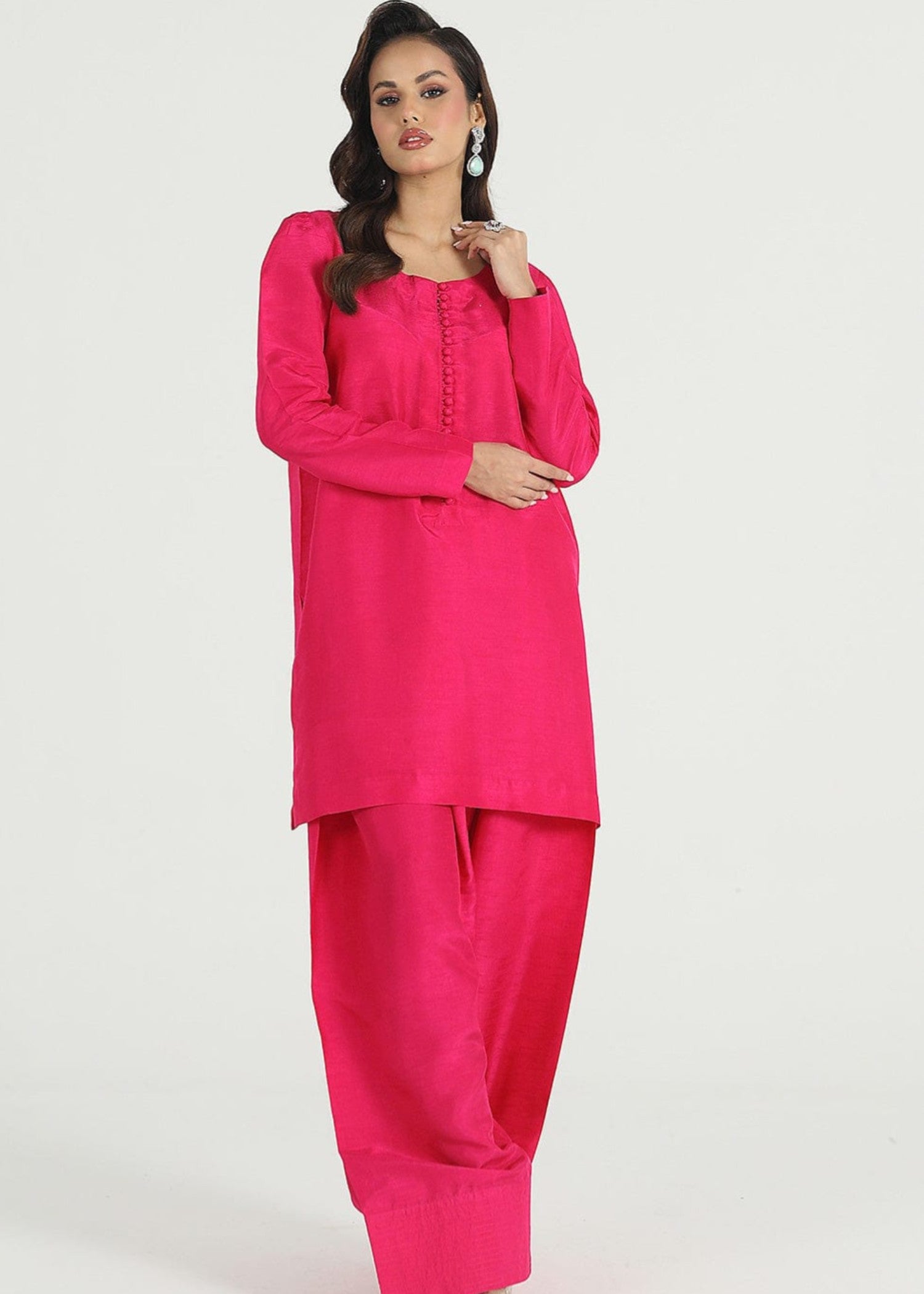 pk raw silk Kurta Set in Shocking pink