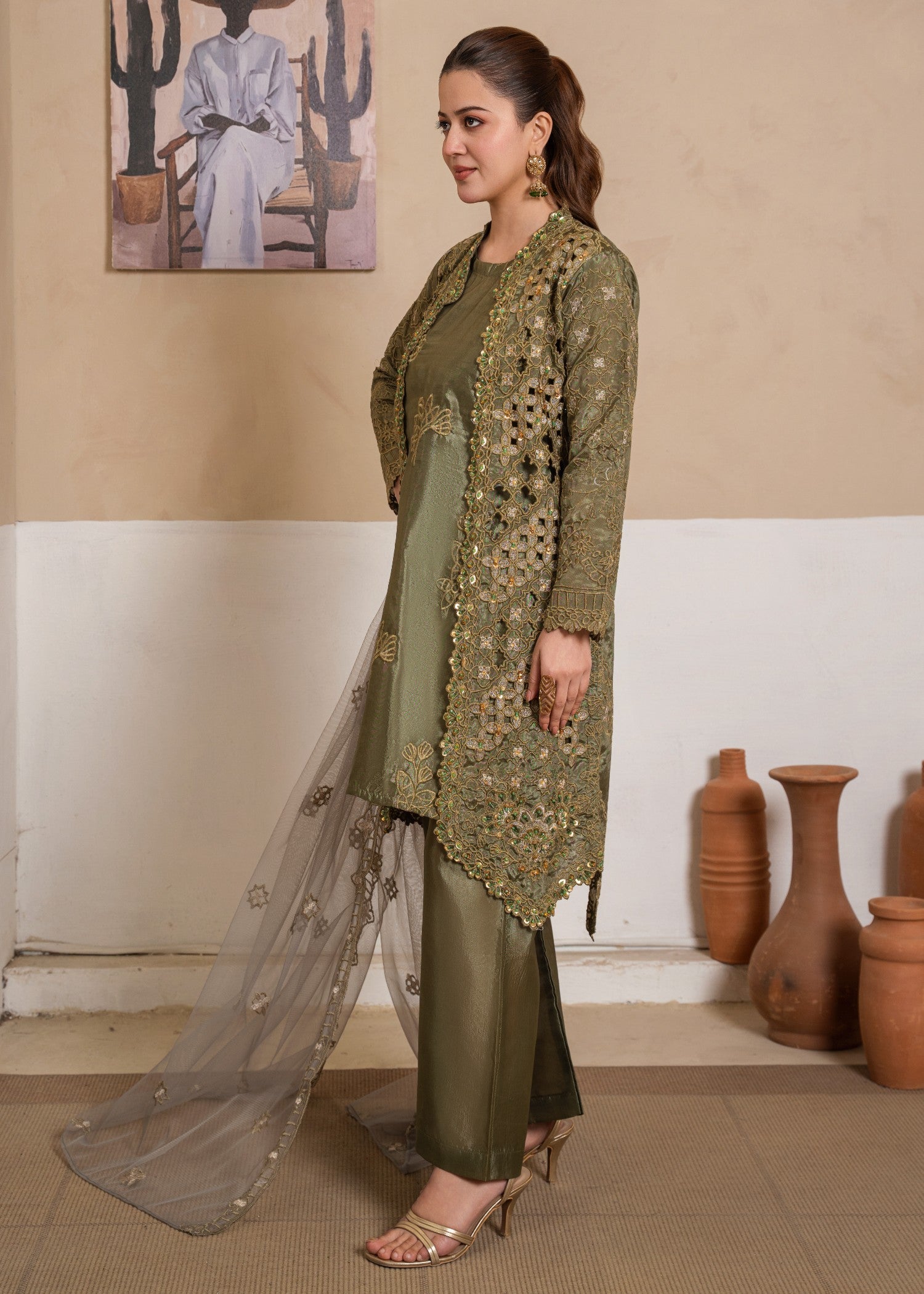 kattan silk Gown in Olive green
