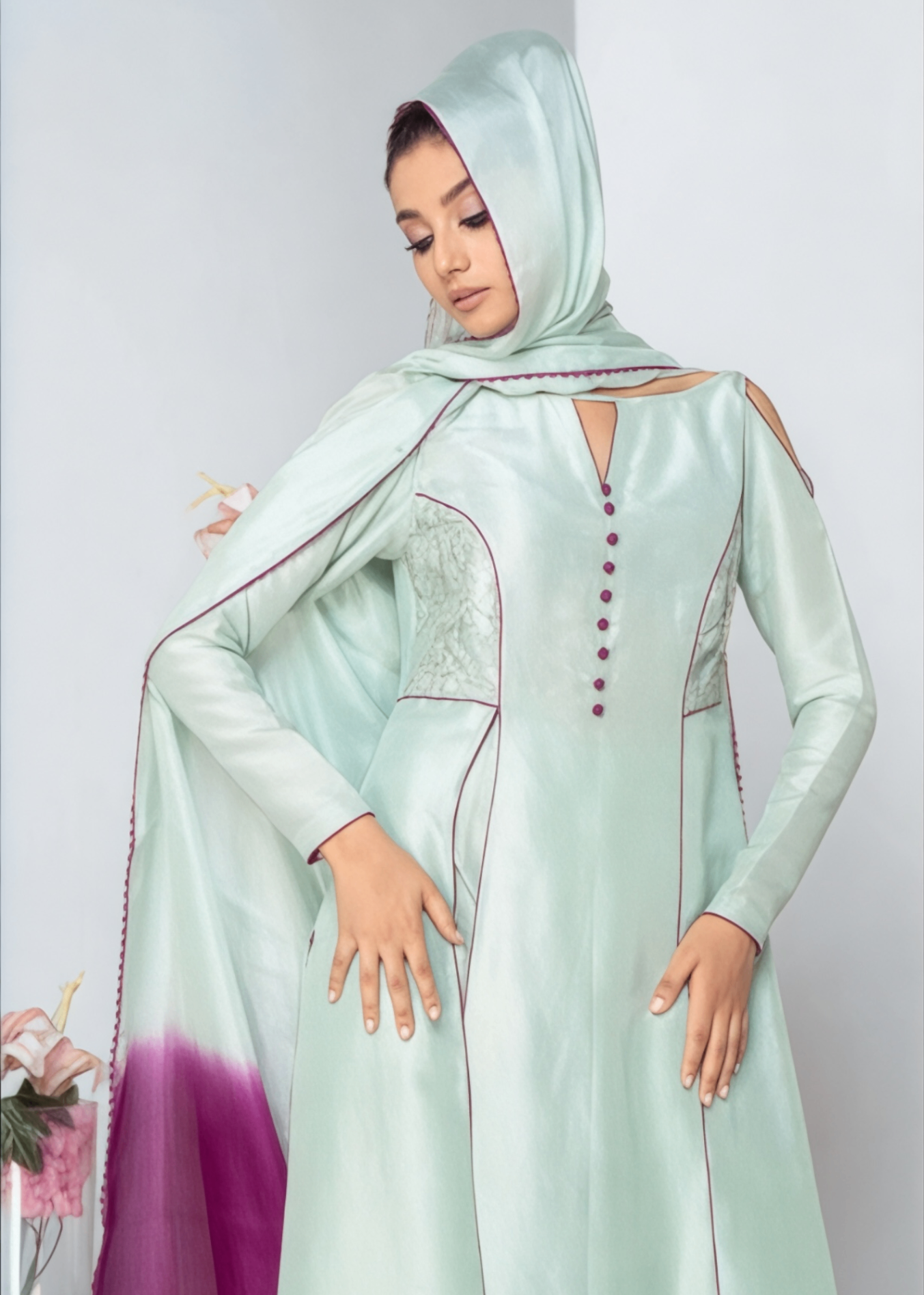 raw silk Kurta Set in Light cyan