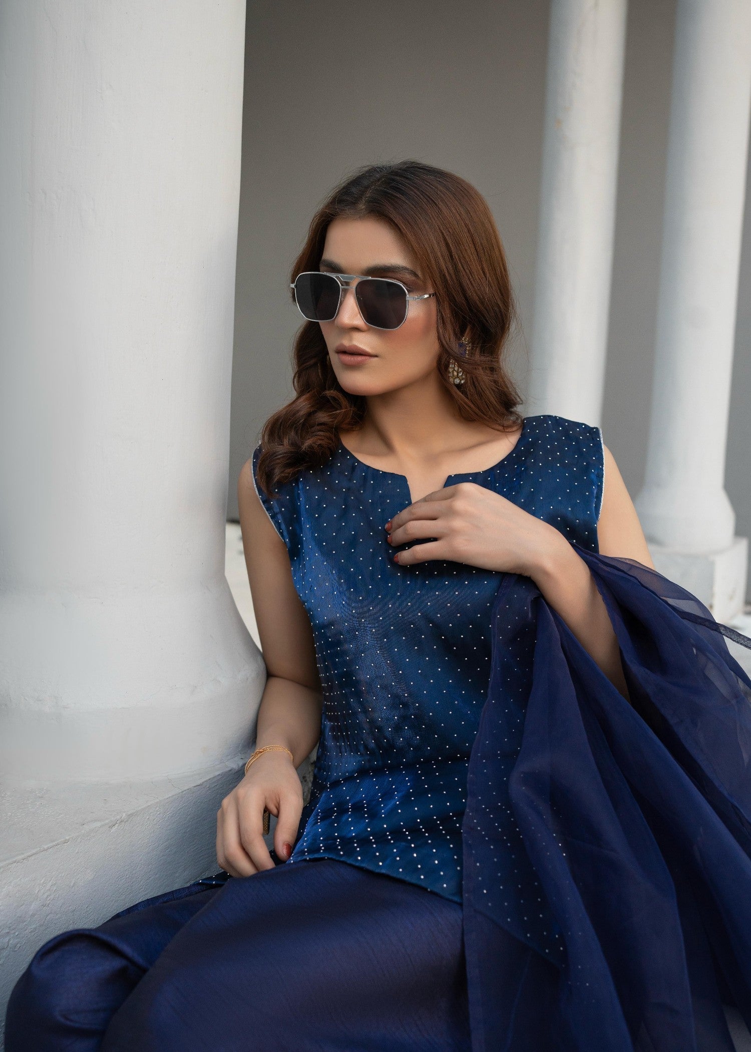 silk Kurta Set in Dark blue