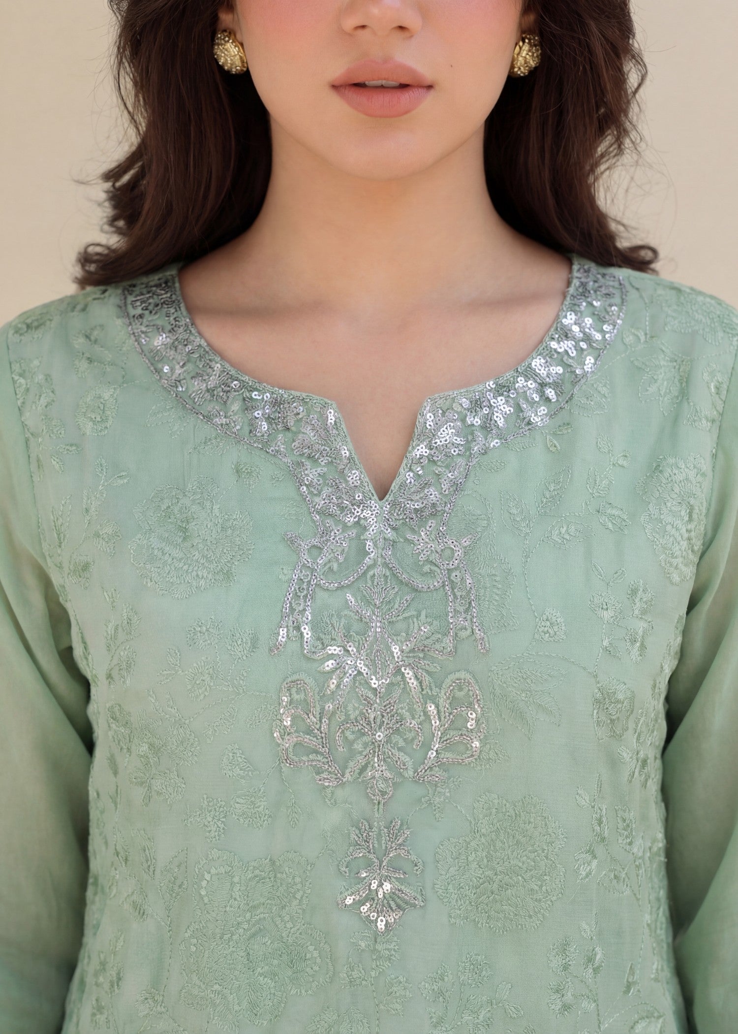 khaddi net Kurta Set in Moss green