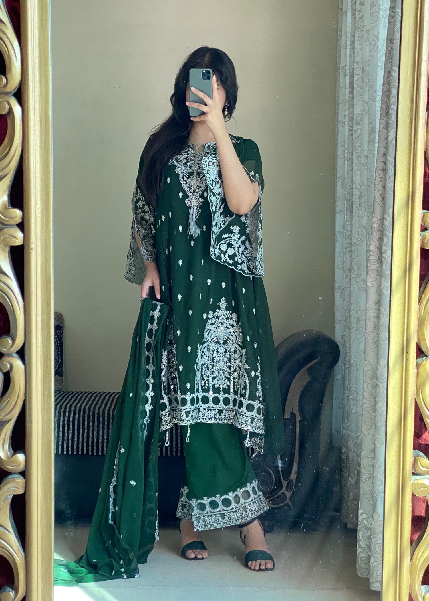 chiffon Short Frock in Bottle green