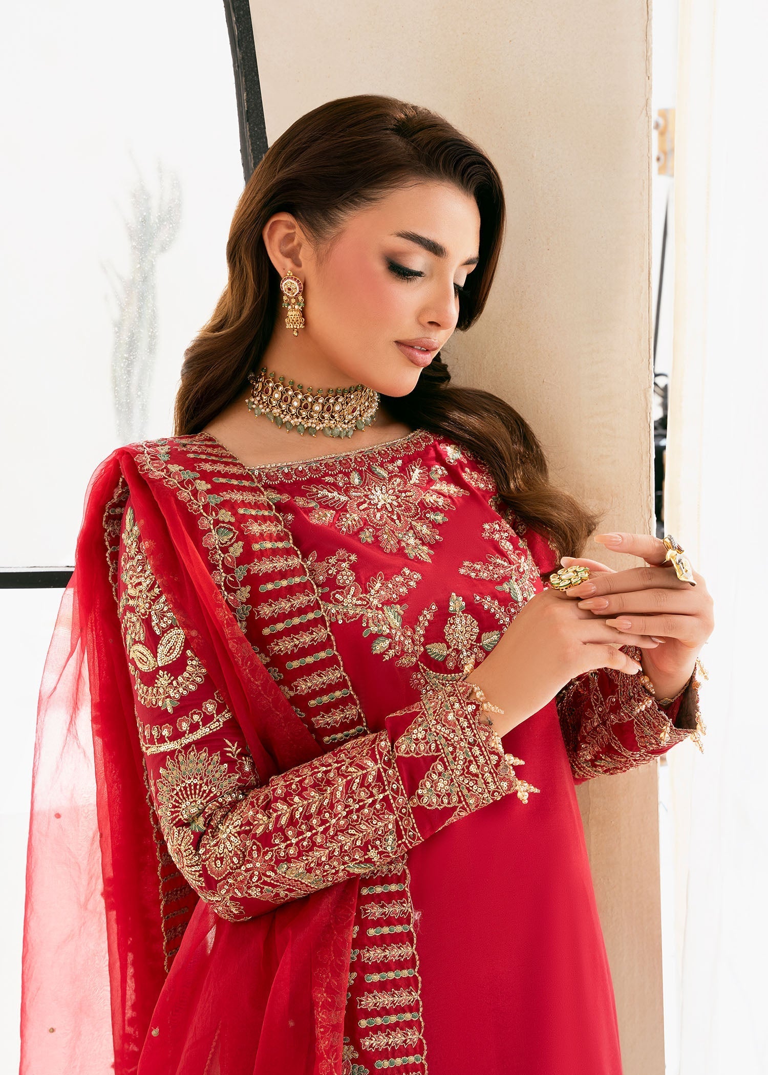raw silk Kurta Set in Imperial red