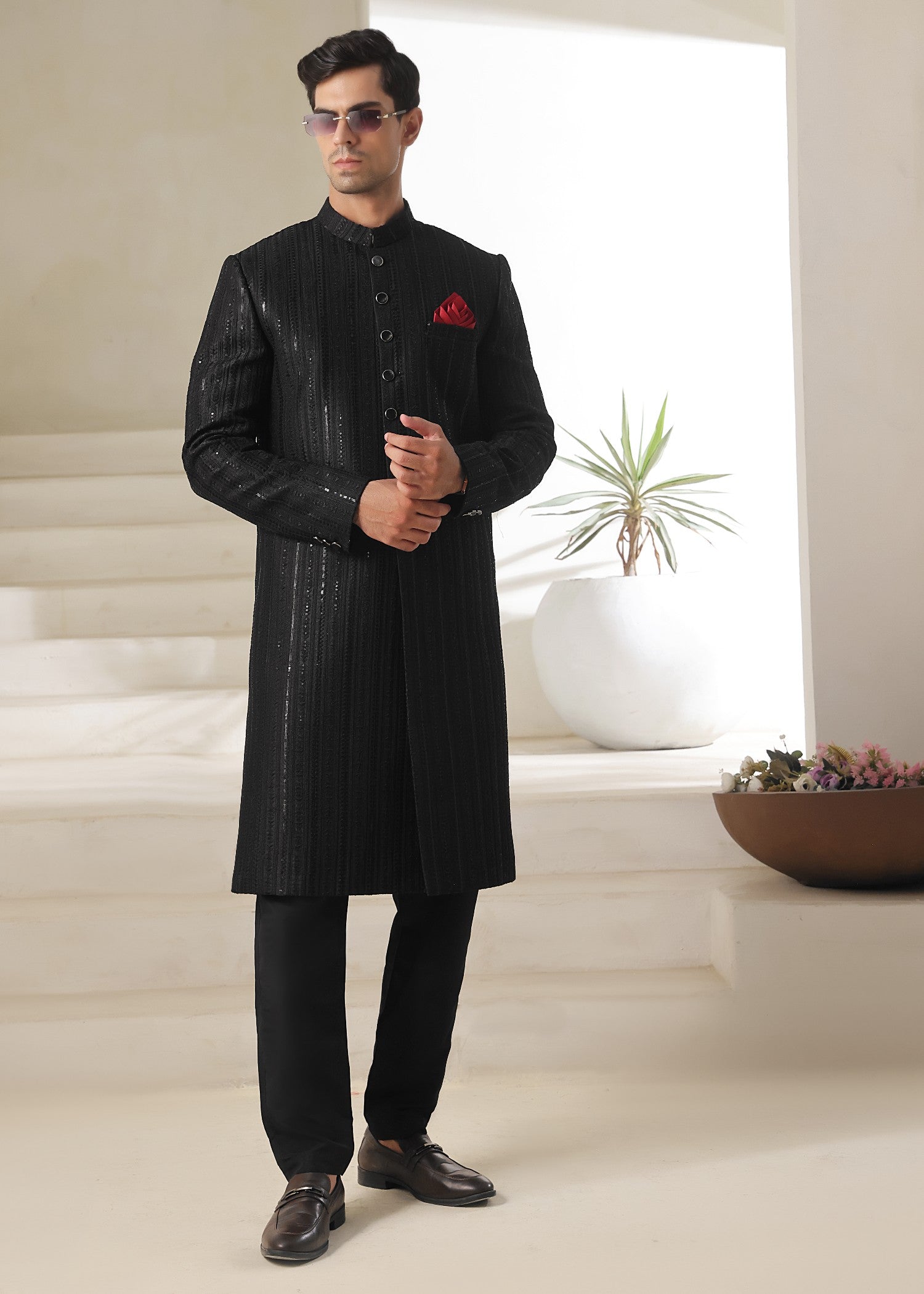 raw silk Sherwani in Black