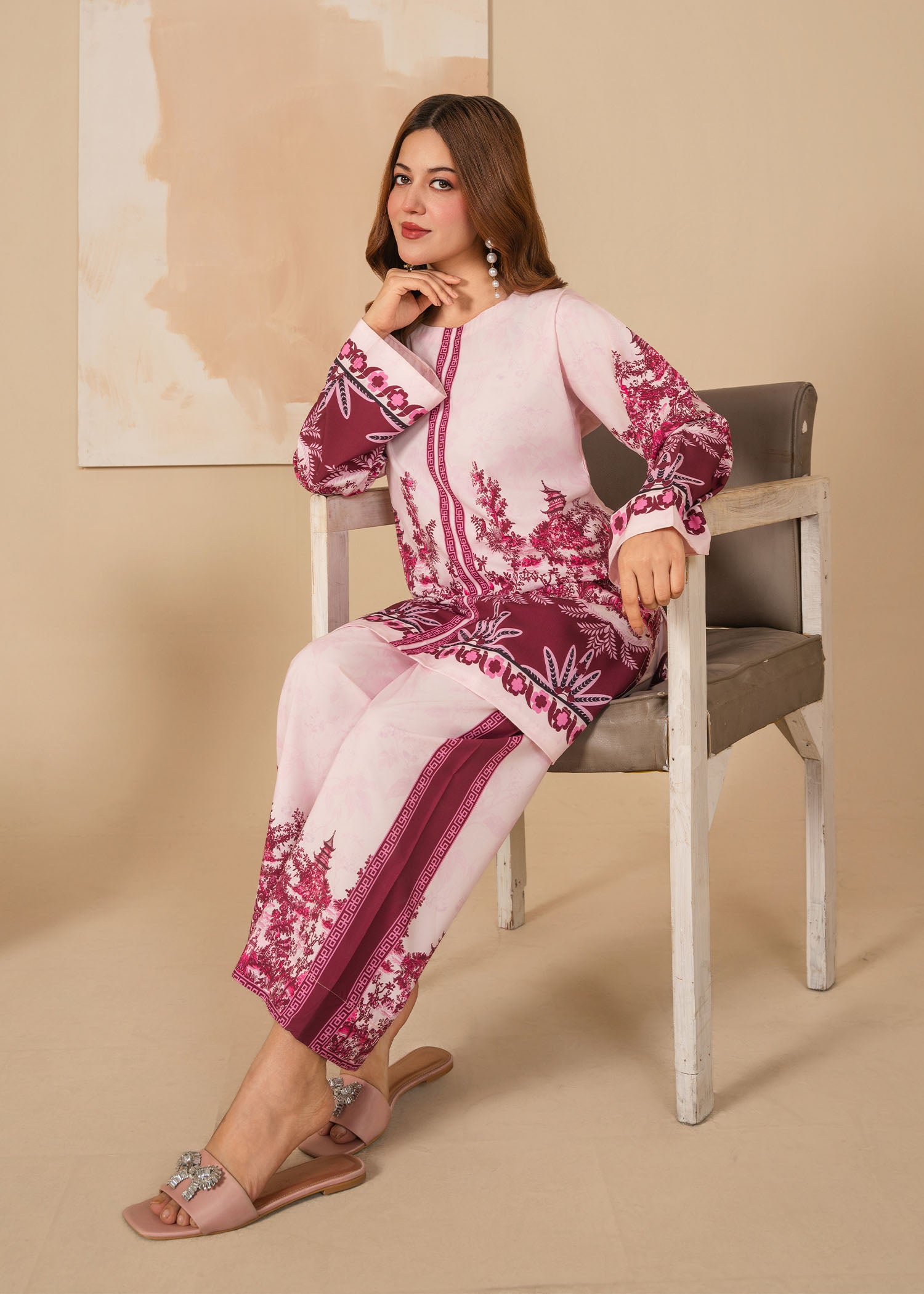 silk Co Ord Sets in Off-white, plum