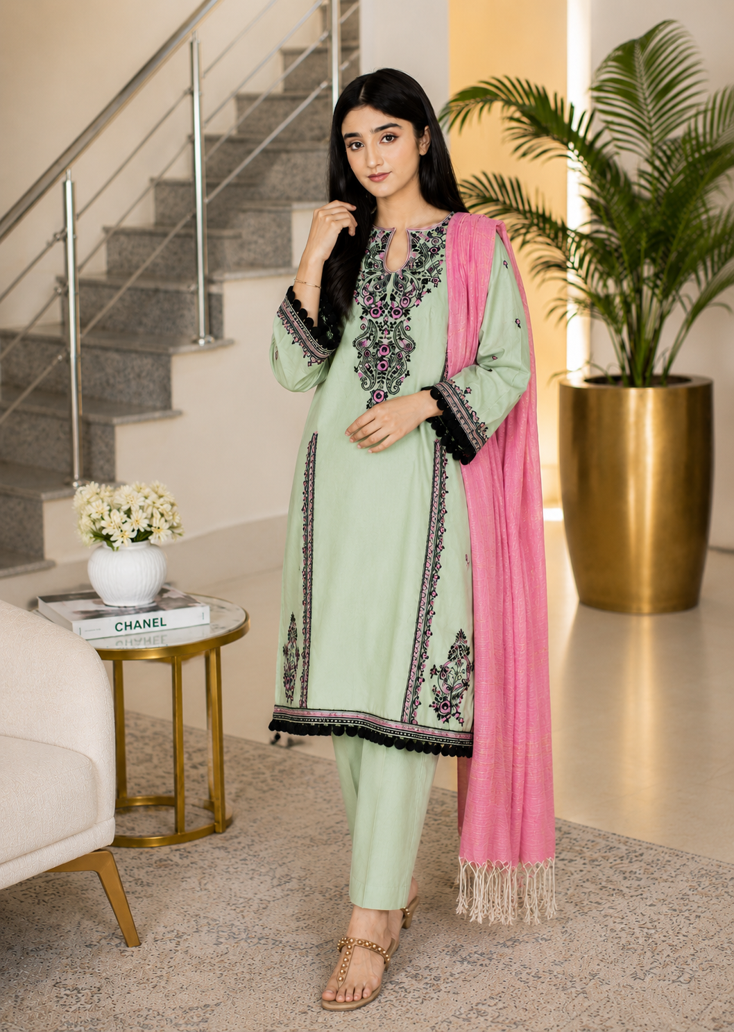 lawn cotton Unstitched in Moss green