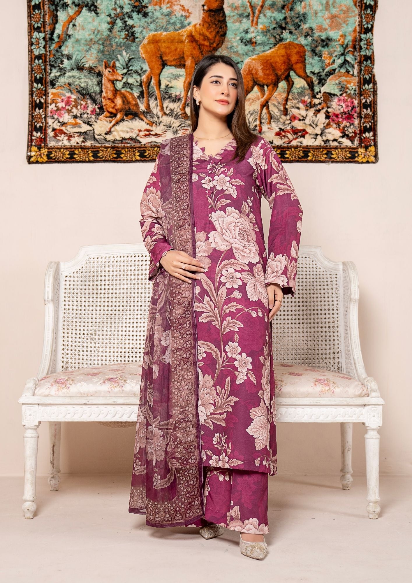 arabic lawn Kurta Set in Rose red