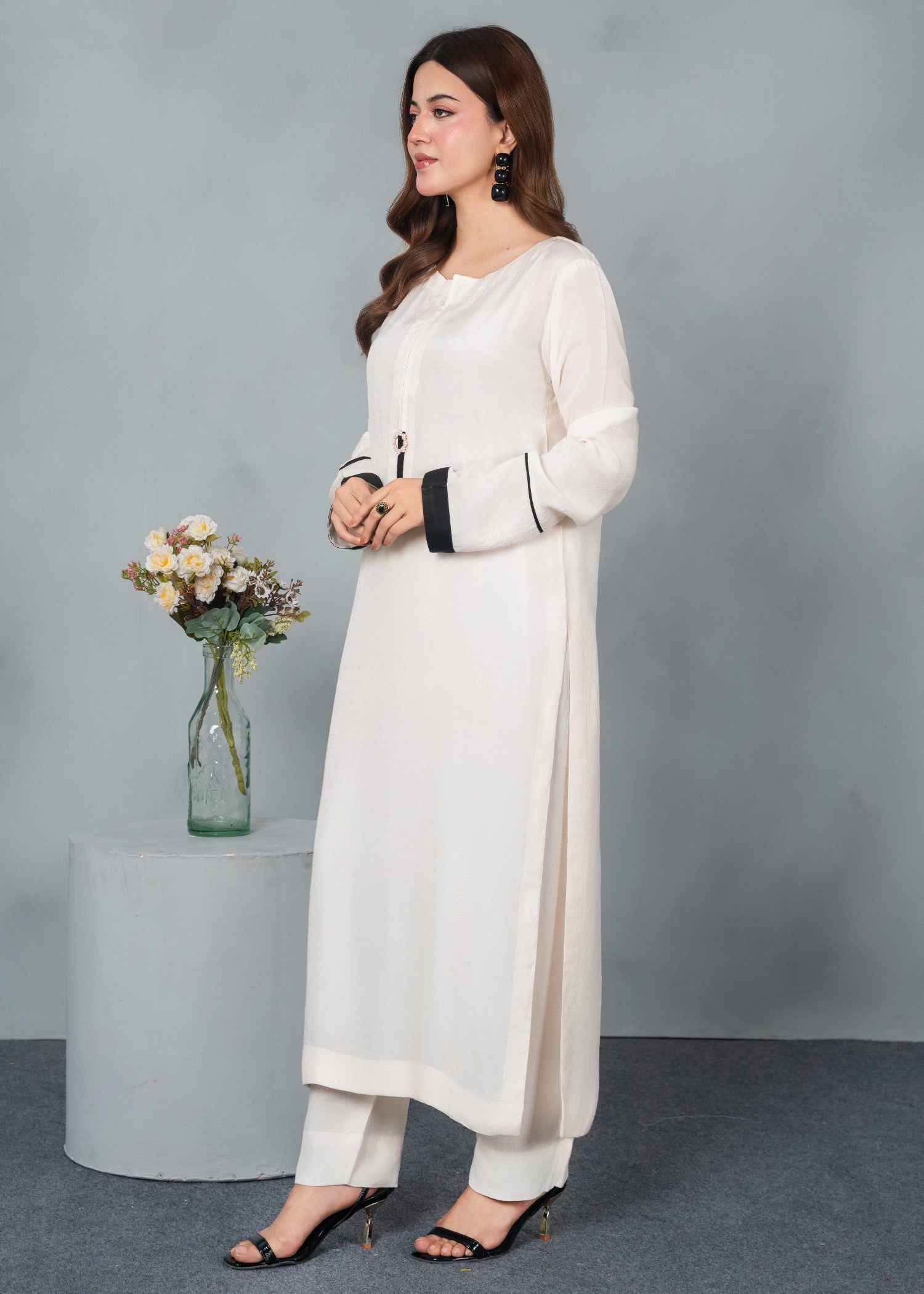 silk finish lawn Kurta Set in White