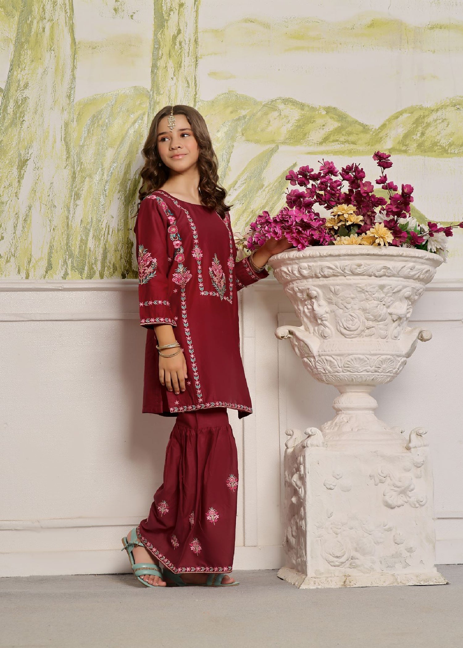 lawn cotton Gharara in Maroon
