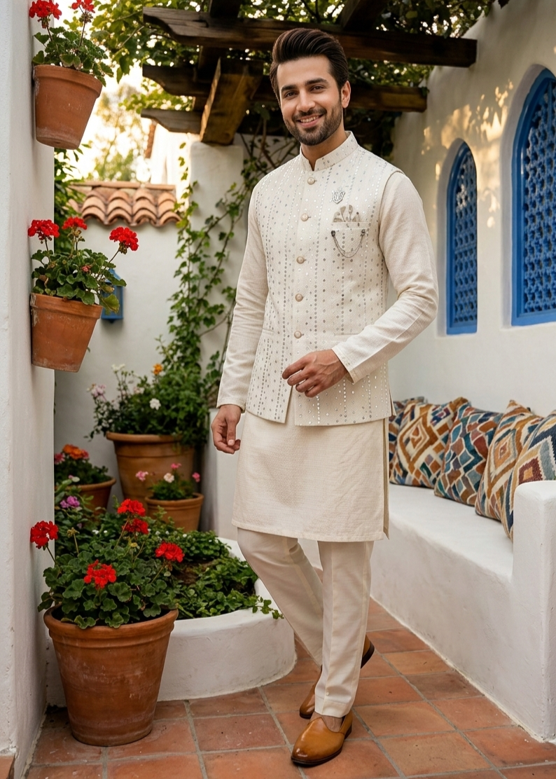 jamawar Waistcoat in White