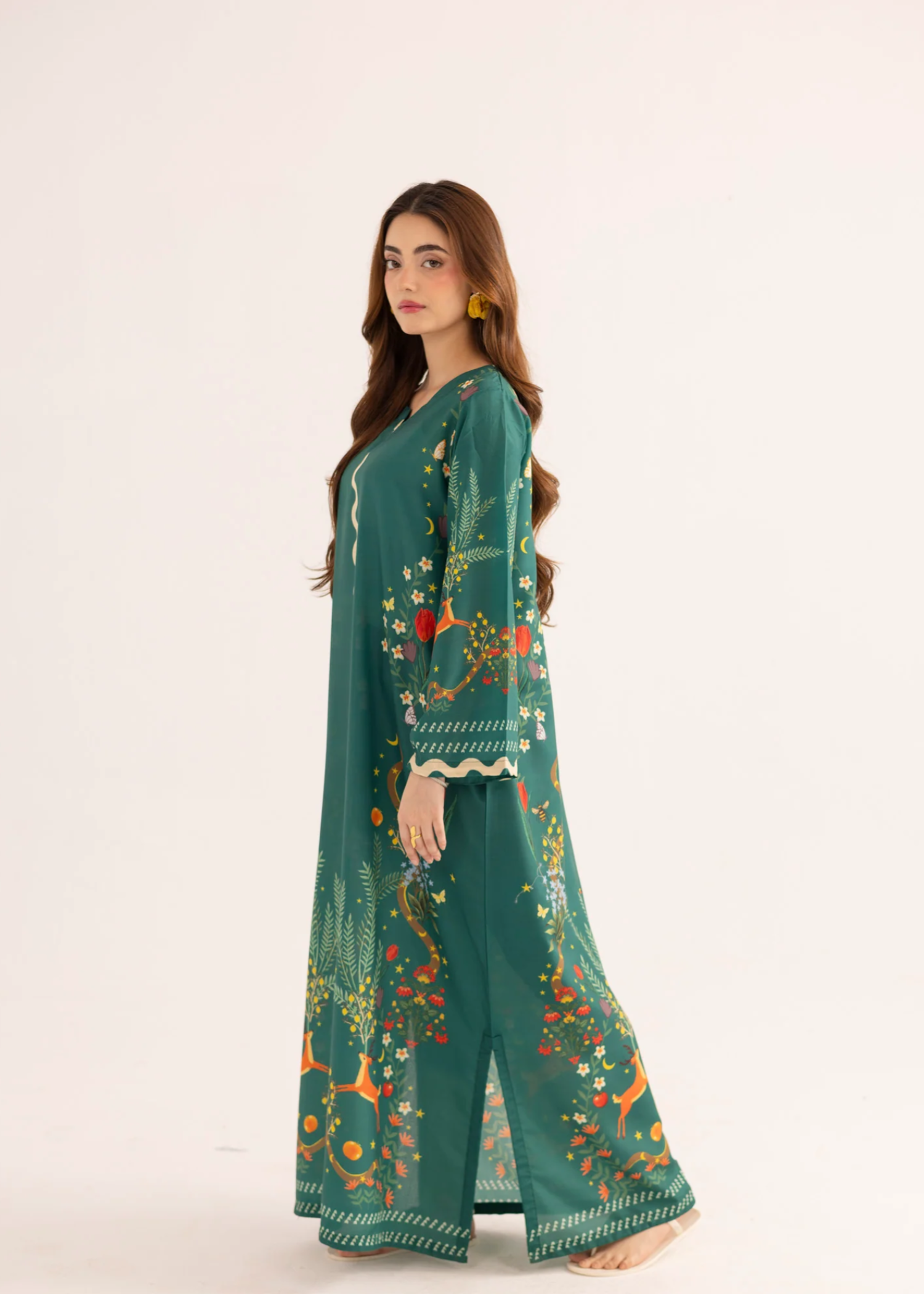 silk finish lawn Kaftan in Sea green
