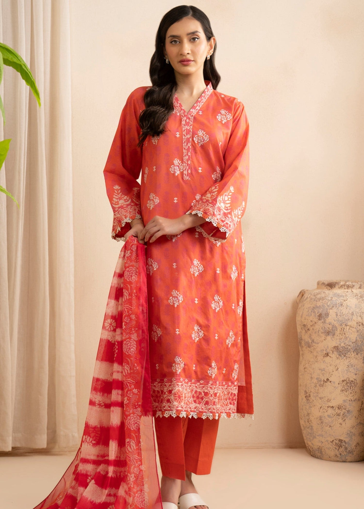 lawn Unstitched in Tomato red