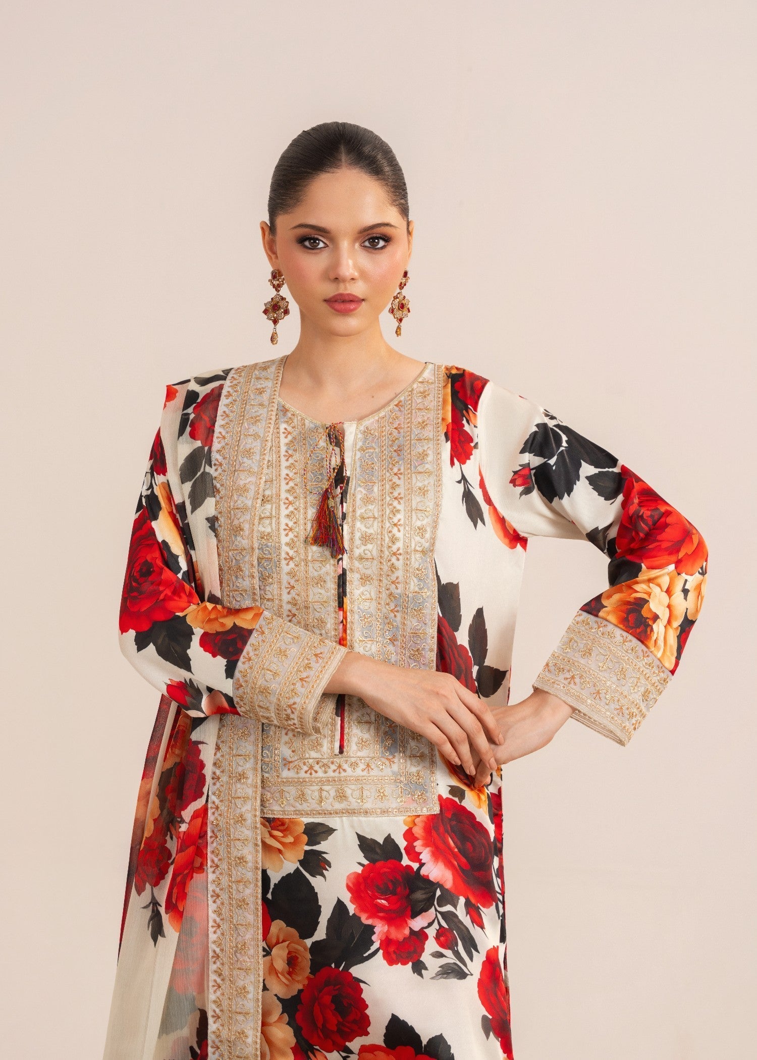 silk charmeuse Kurta Set in White, gold, rose red