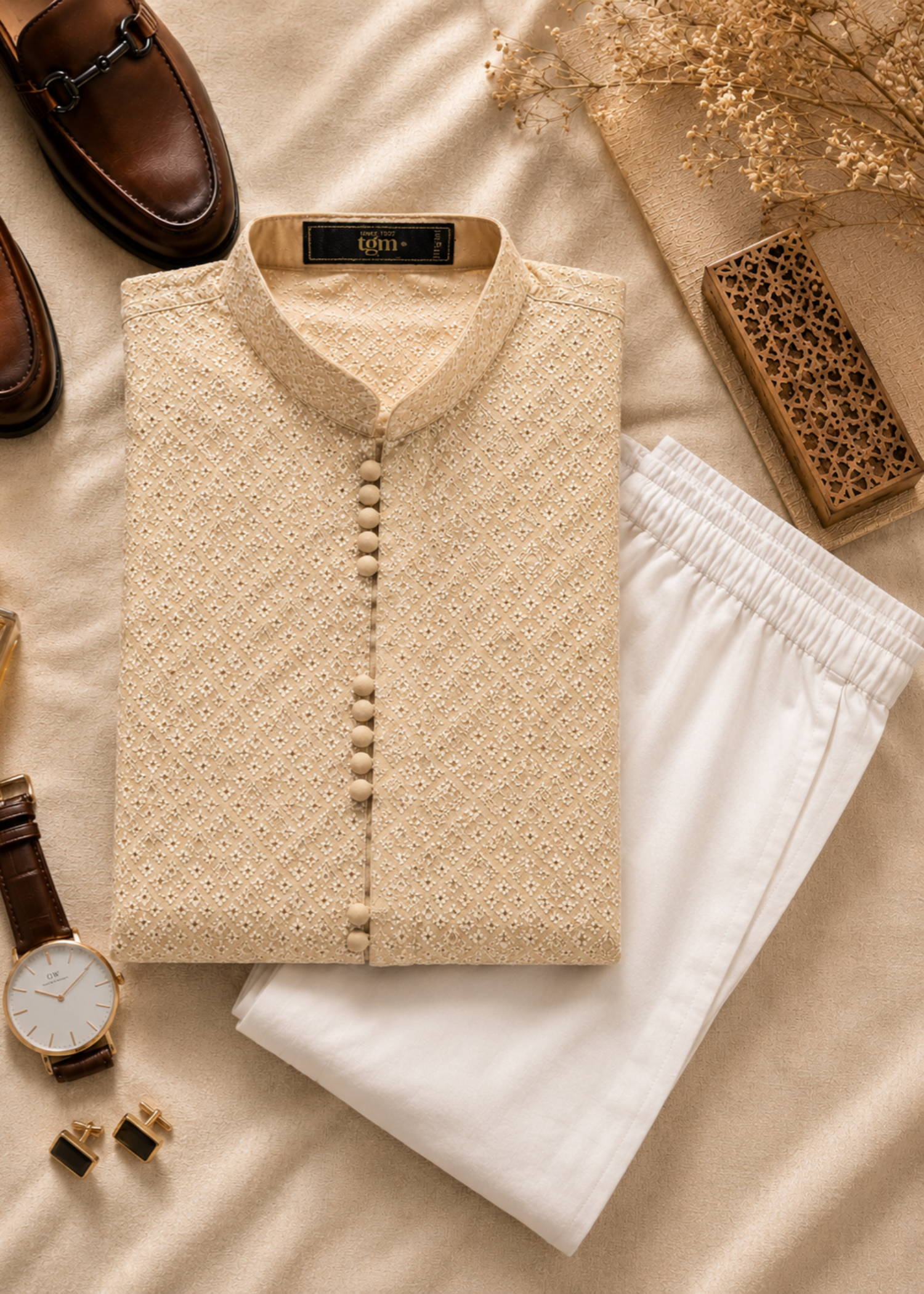 chikankari cotton Kurta Set in Cream by The Great Masters (TGM)