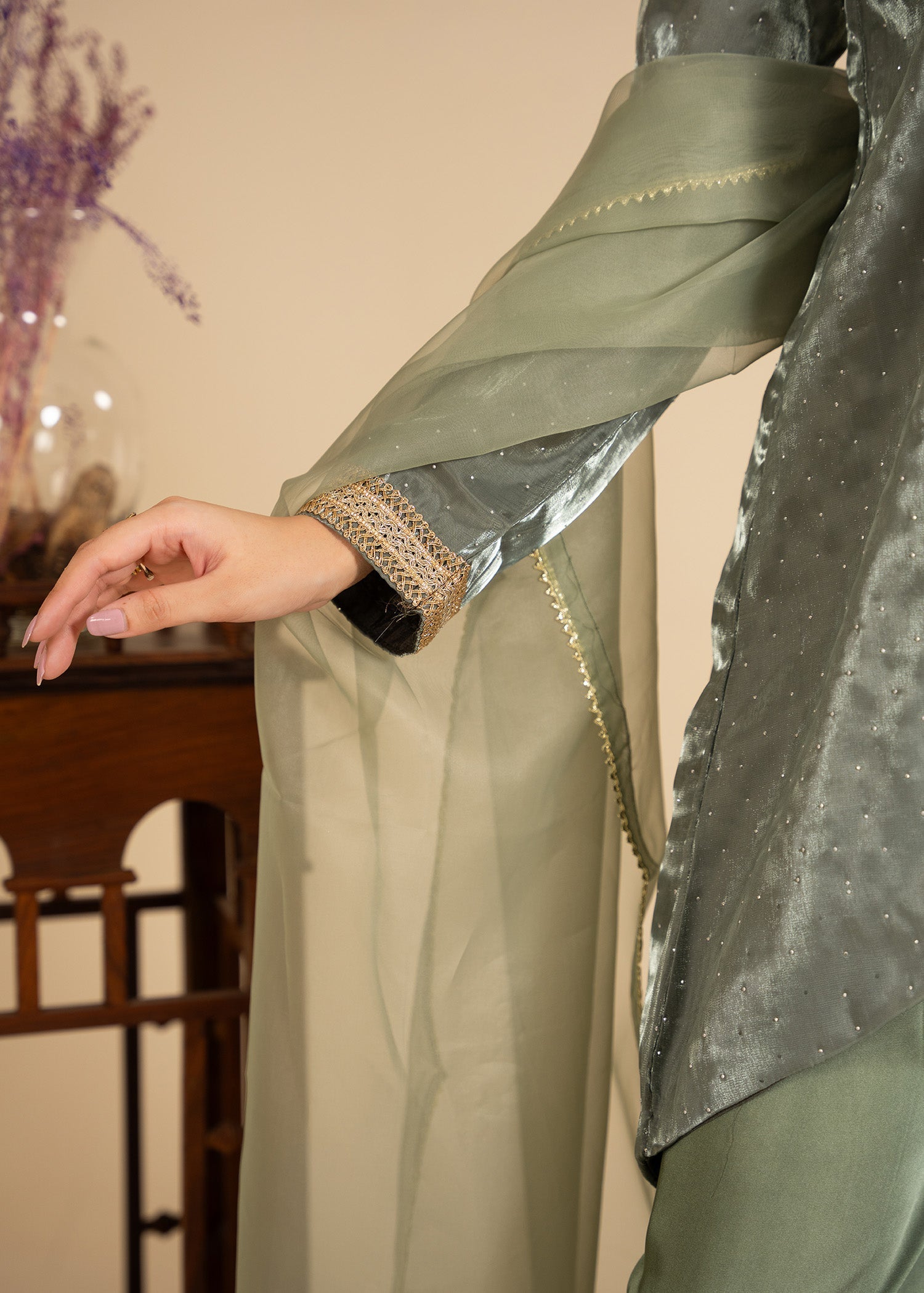 zari organza Short Frock in Moss green