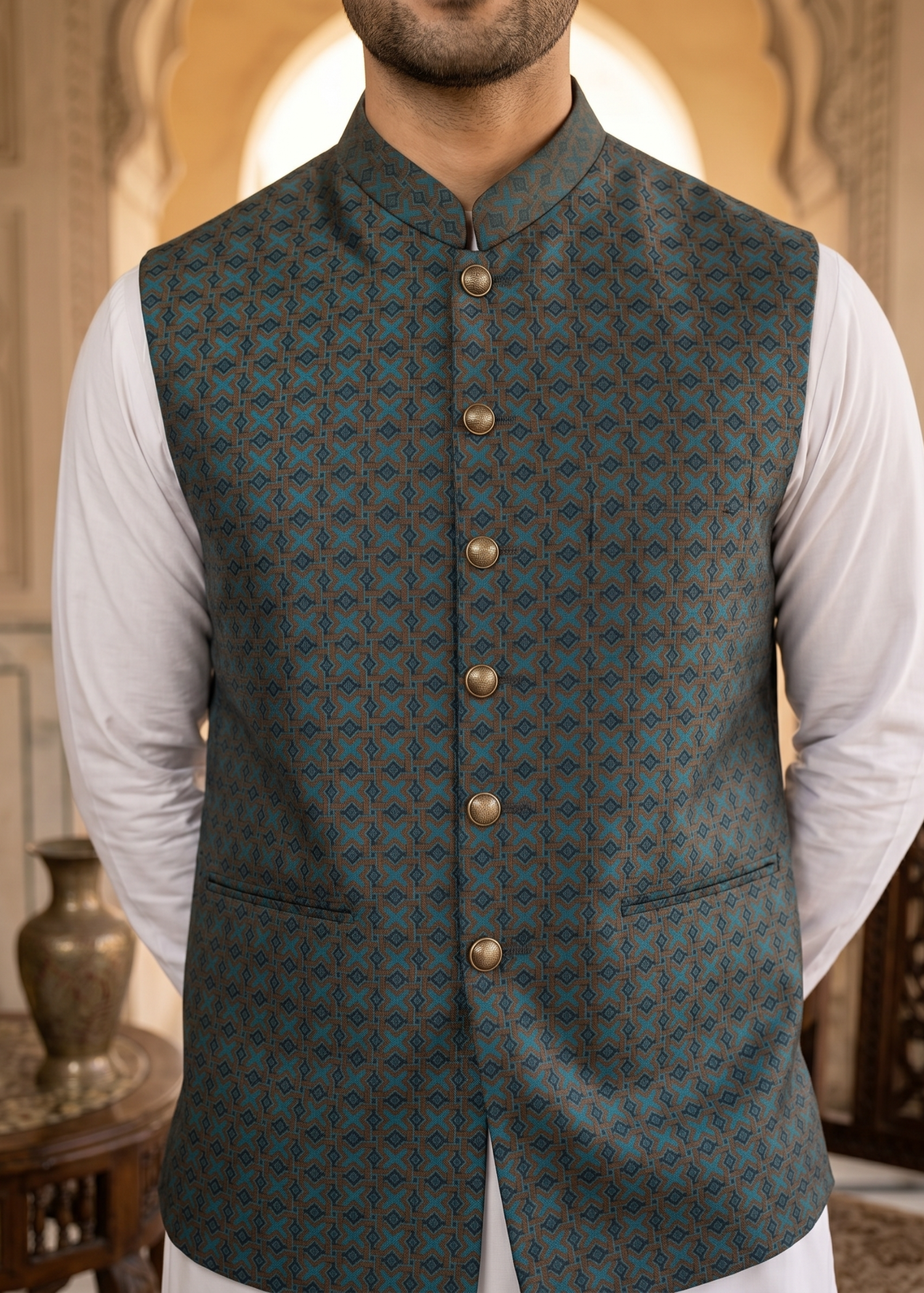 traditional jamawar Waistcoat in Brown, green