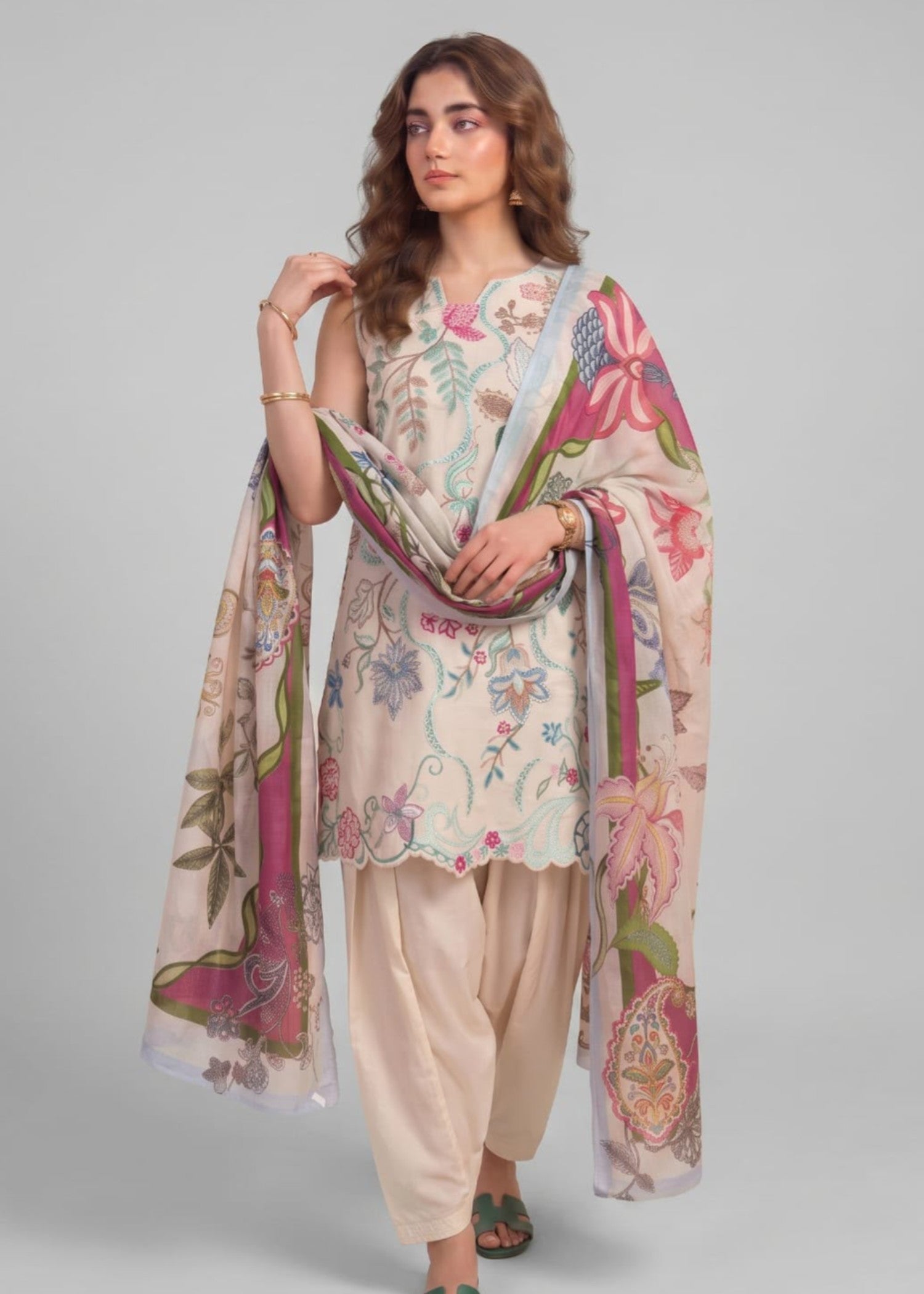lawn Unstitched in Cream, ivory