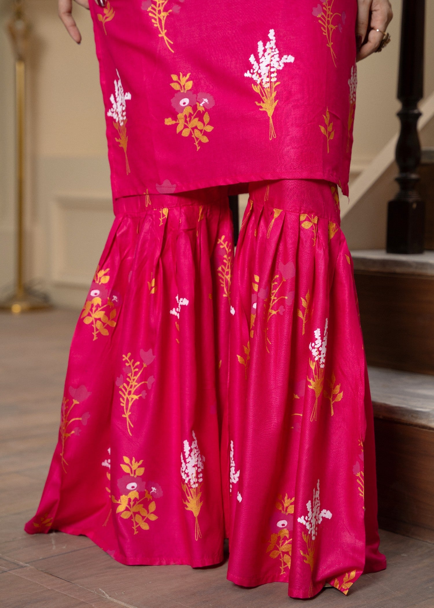 cambric Gharara in Hot pink