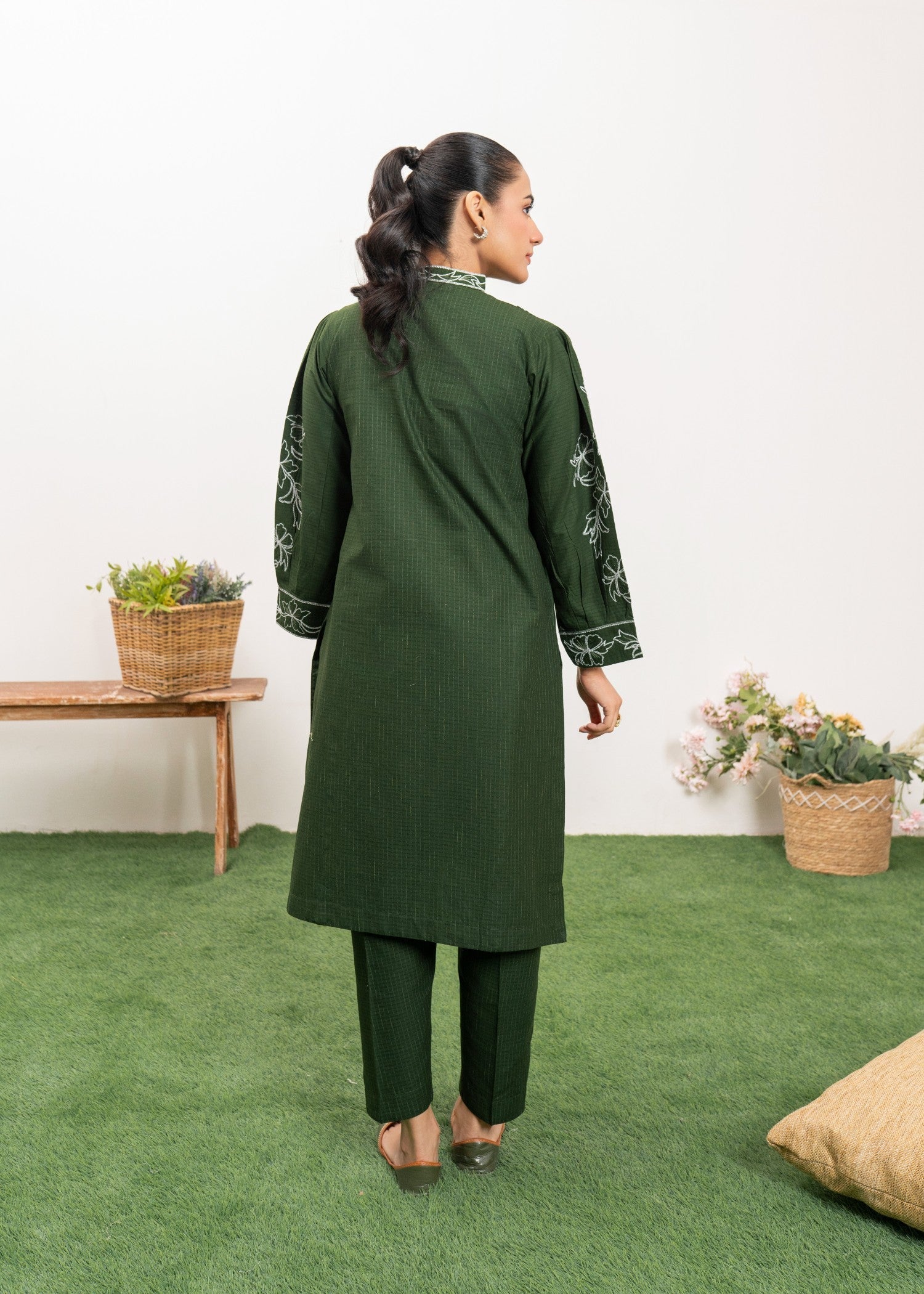 cambric Kurta Set in Dark green