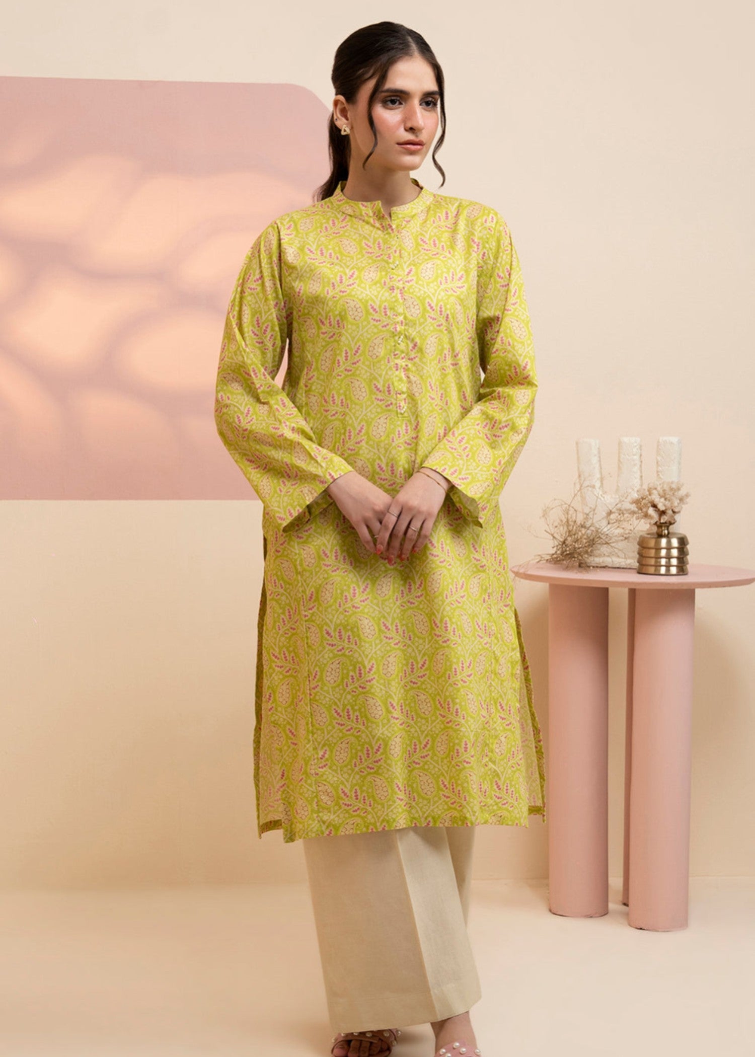 lawn Kurti in Yellow green