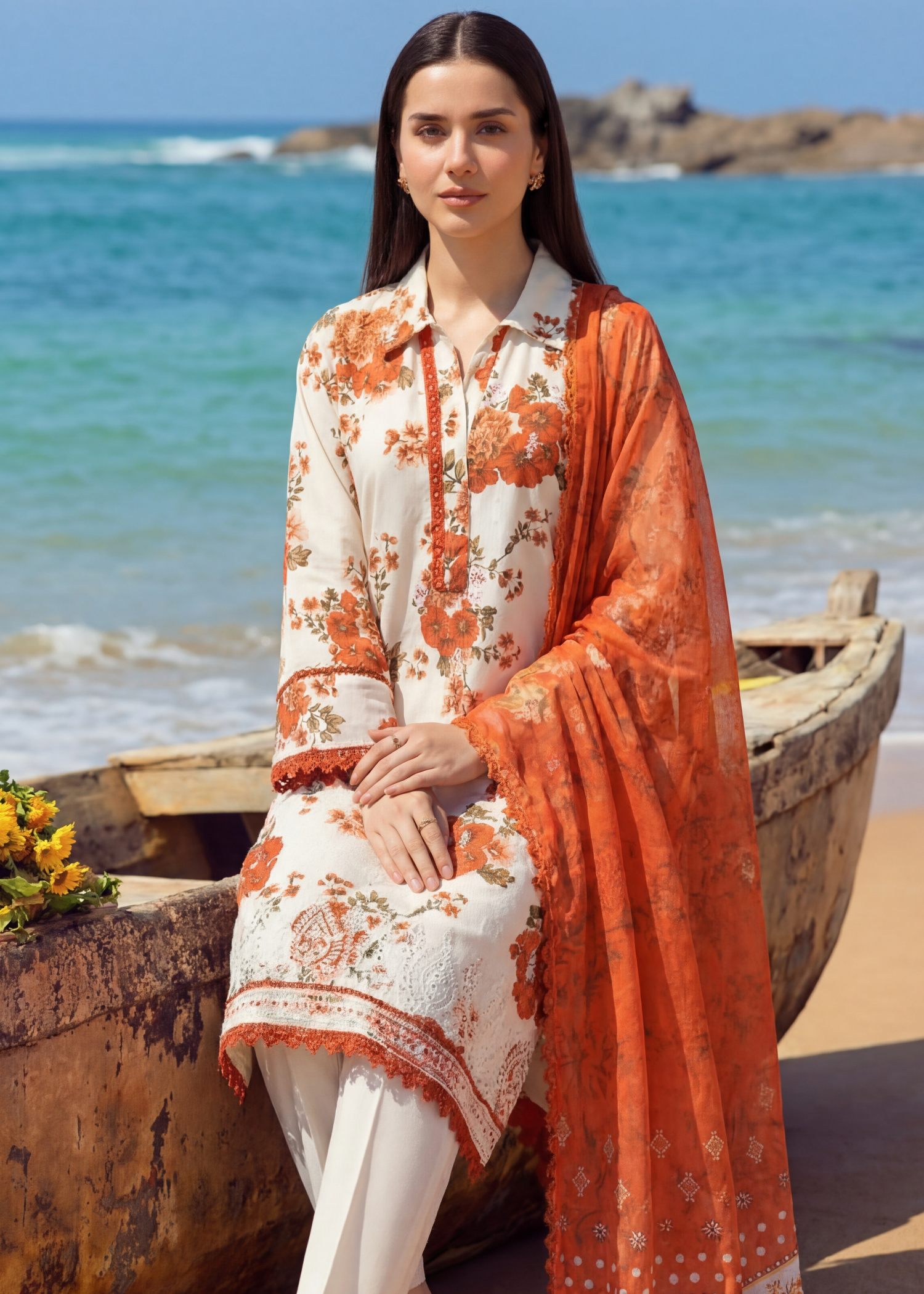 lawn Kurta Set in White, pumpkin orange