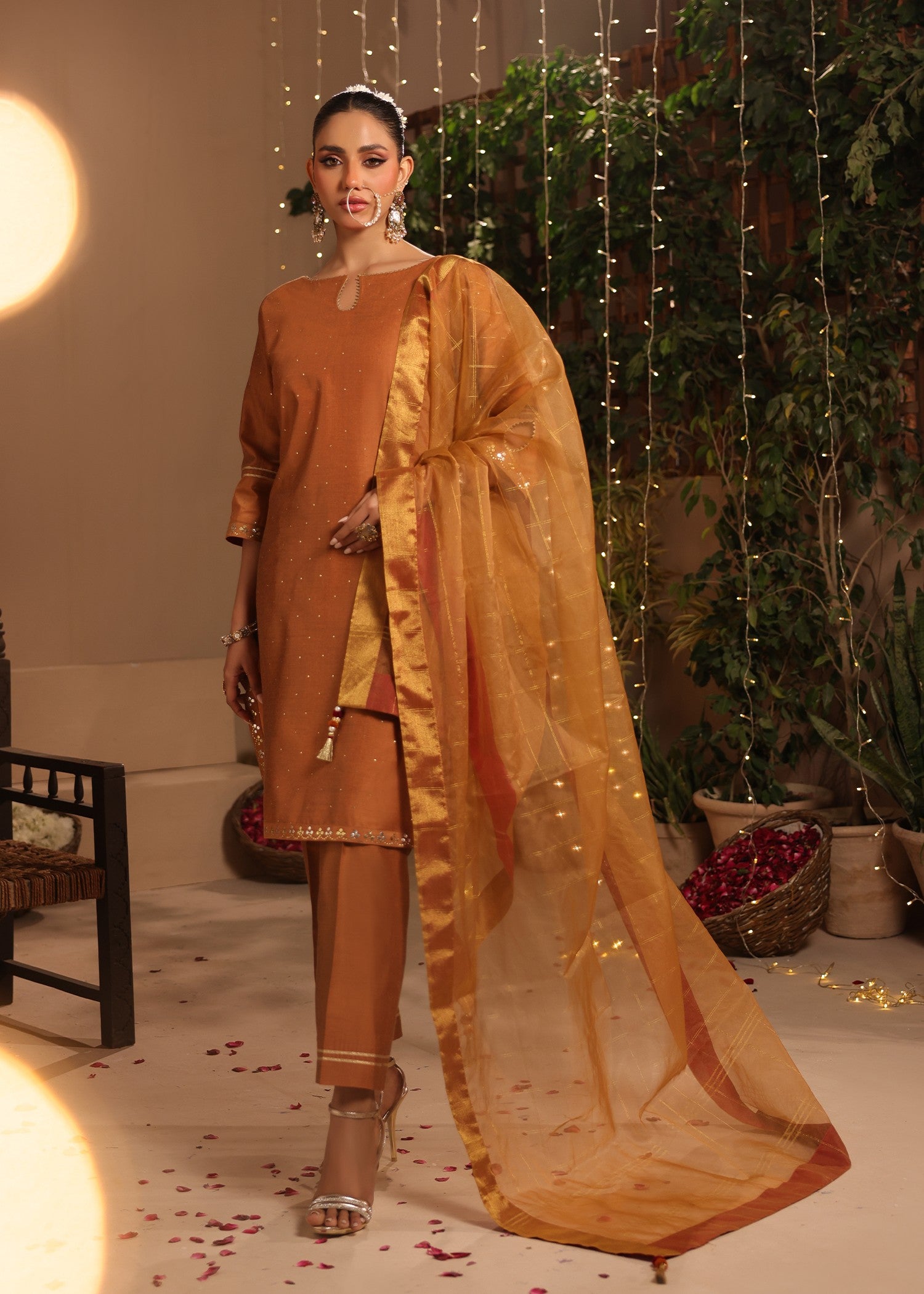silk Kurta Set in Russet brown