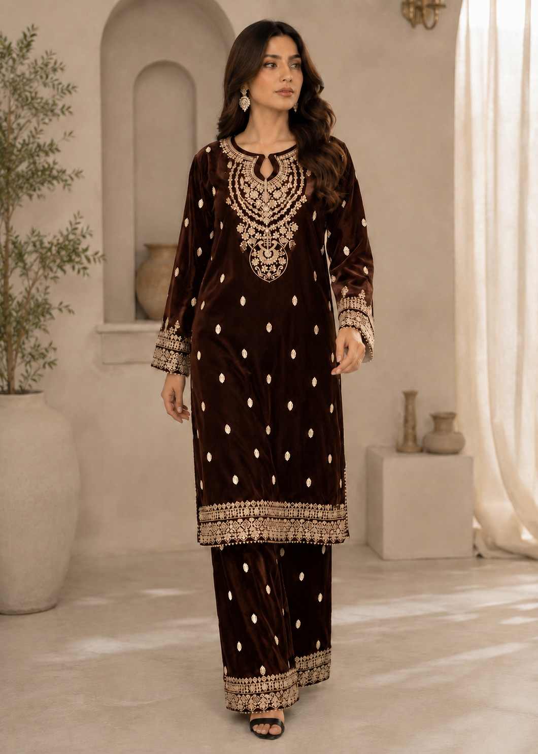 chinese micro velvet 9000 Kurta Set in Dark brown