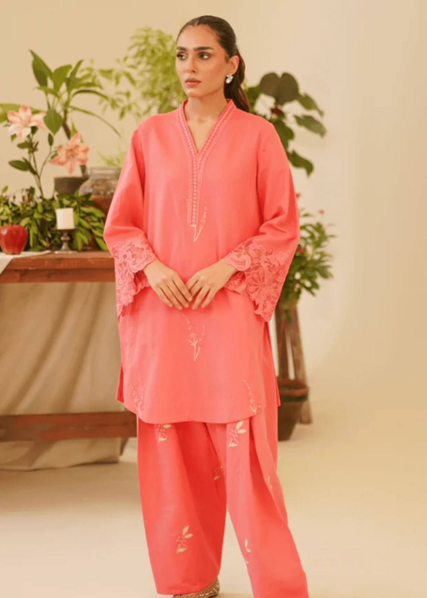khaddar Kurta Set in Watermelon pink