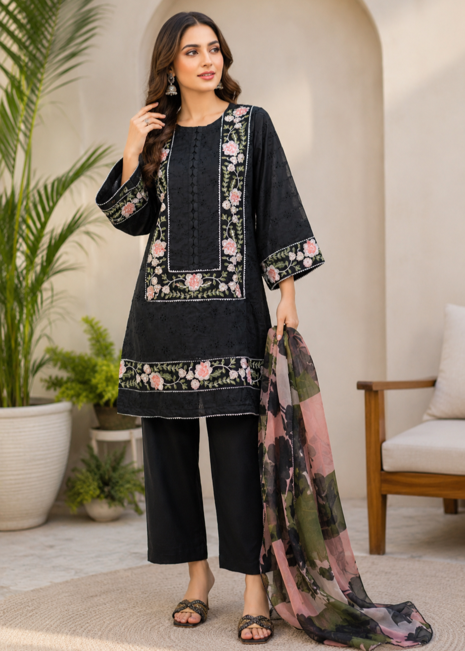 chiffon silk Kurta Set in Black