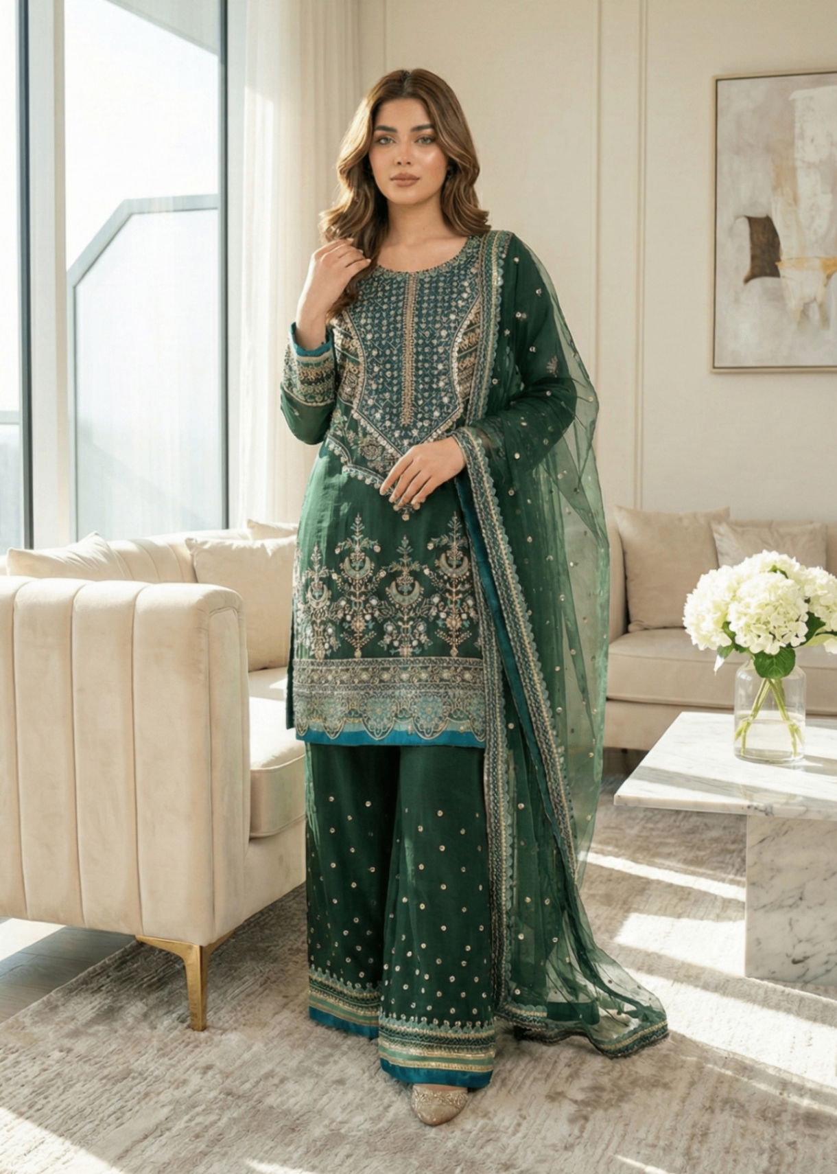 organza Kurta Set in Bottle green
