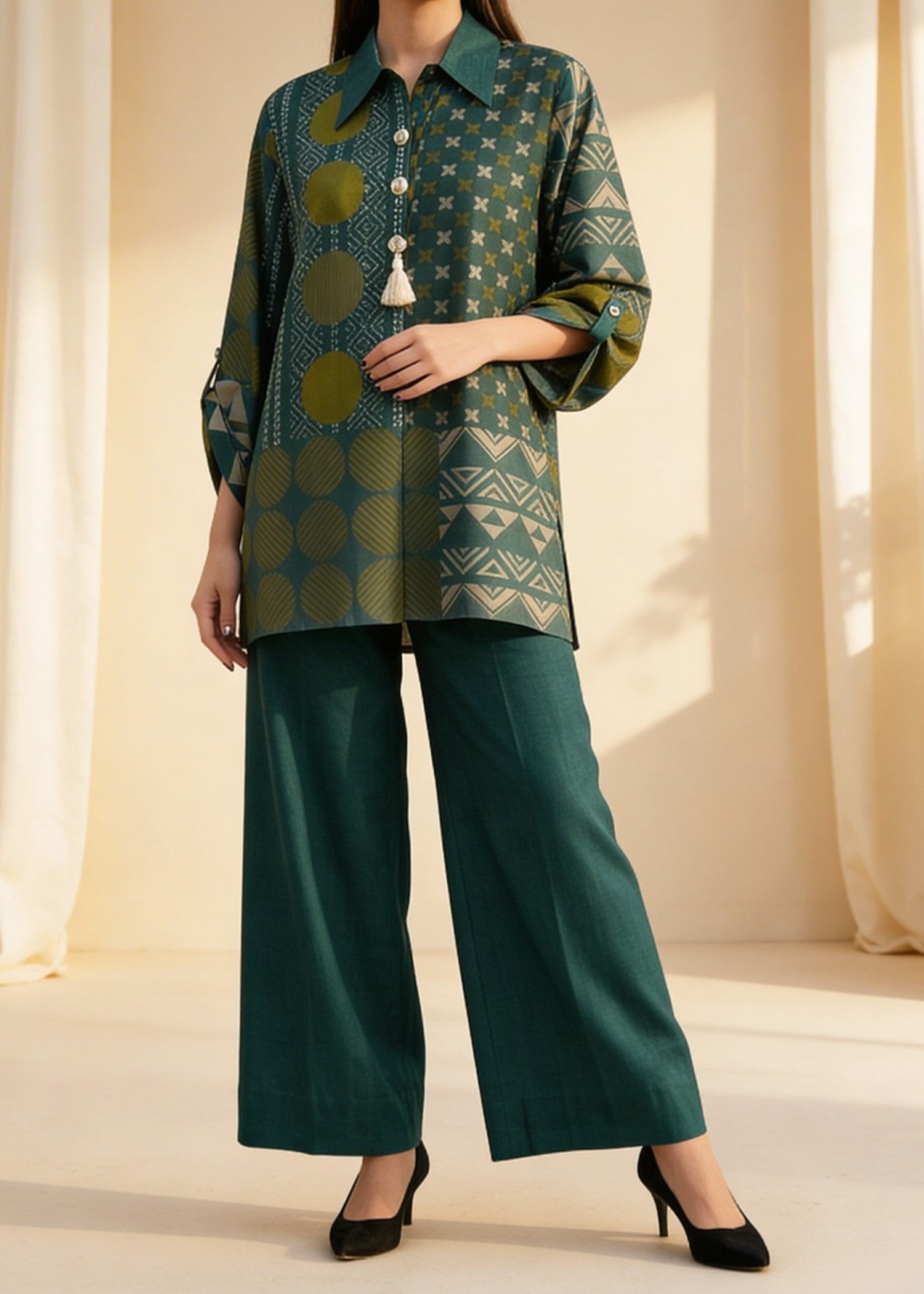 jacquard Kurta Set in Dark green