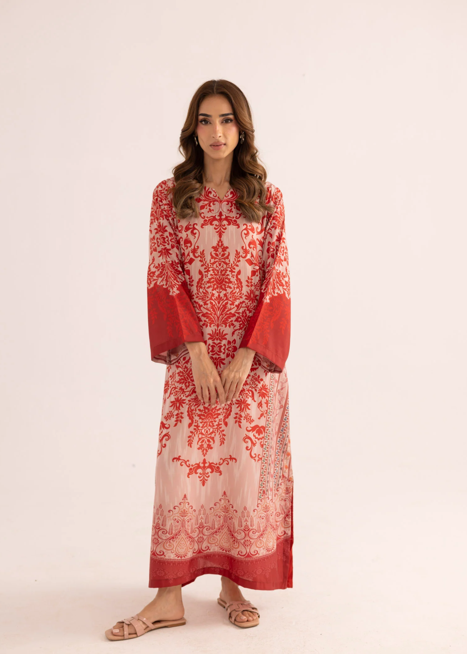 silk finish lawn Kaftan in Chili red