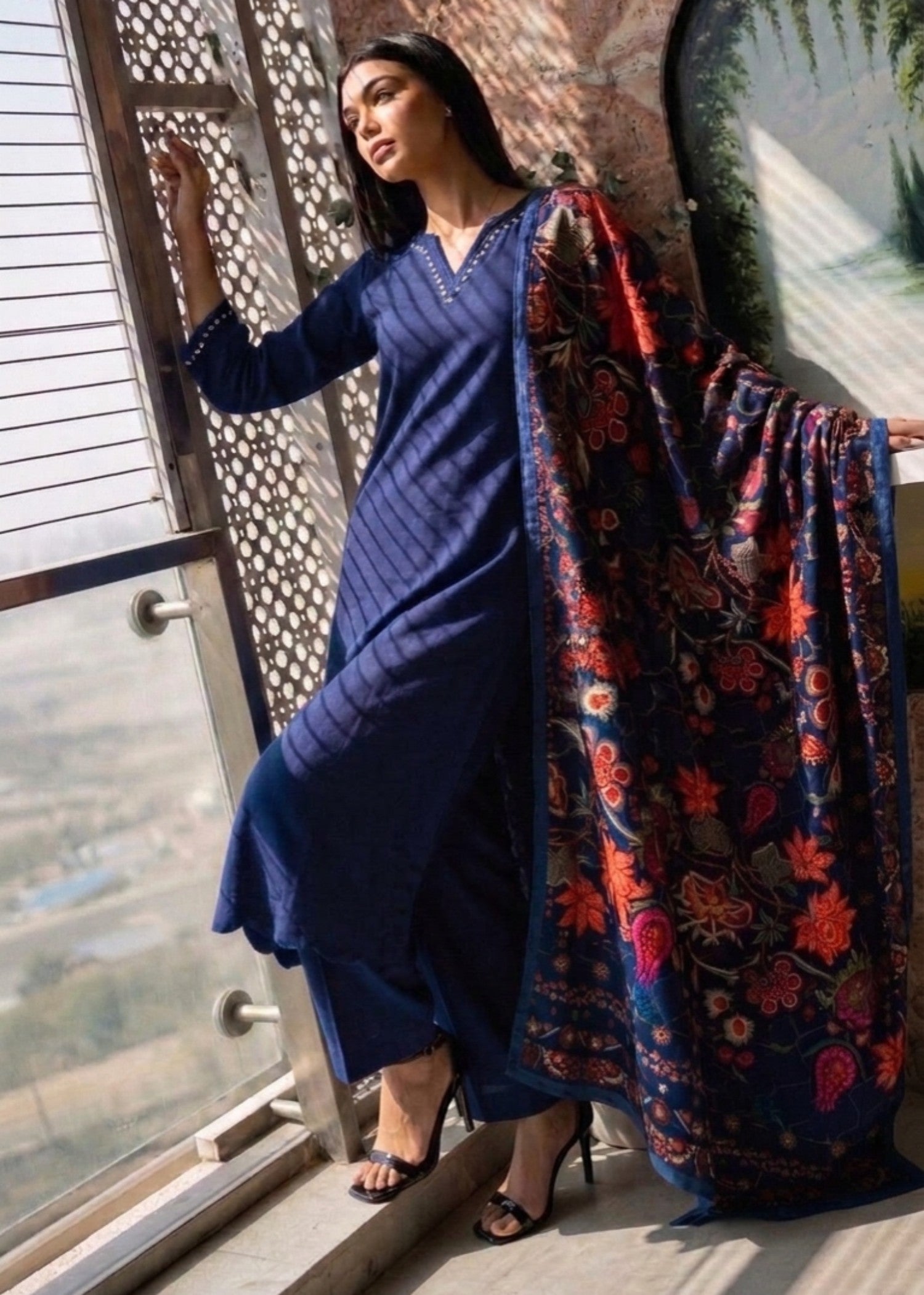 dhanak Kurta Set in Midnight blue