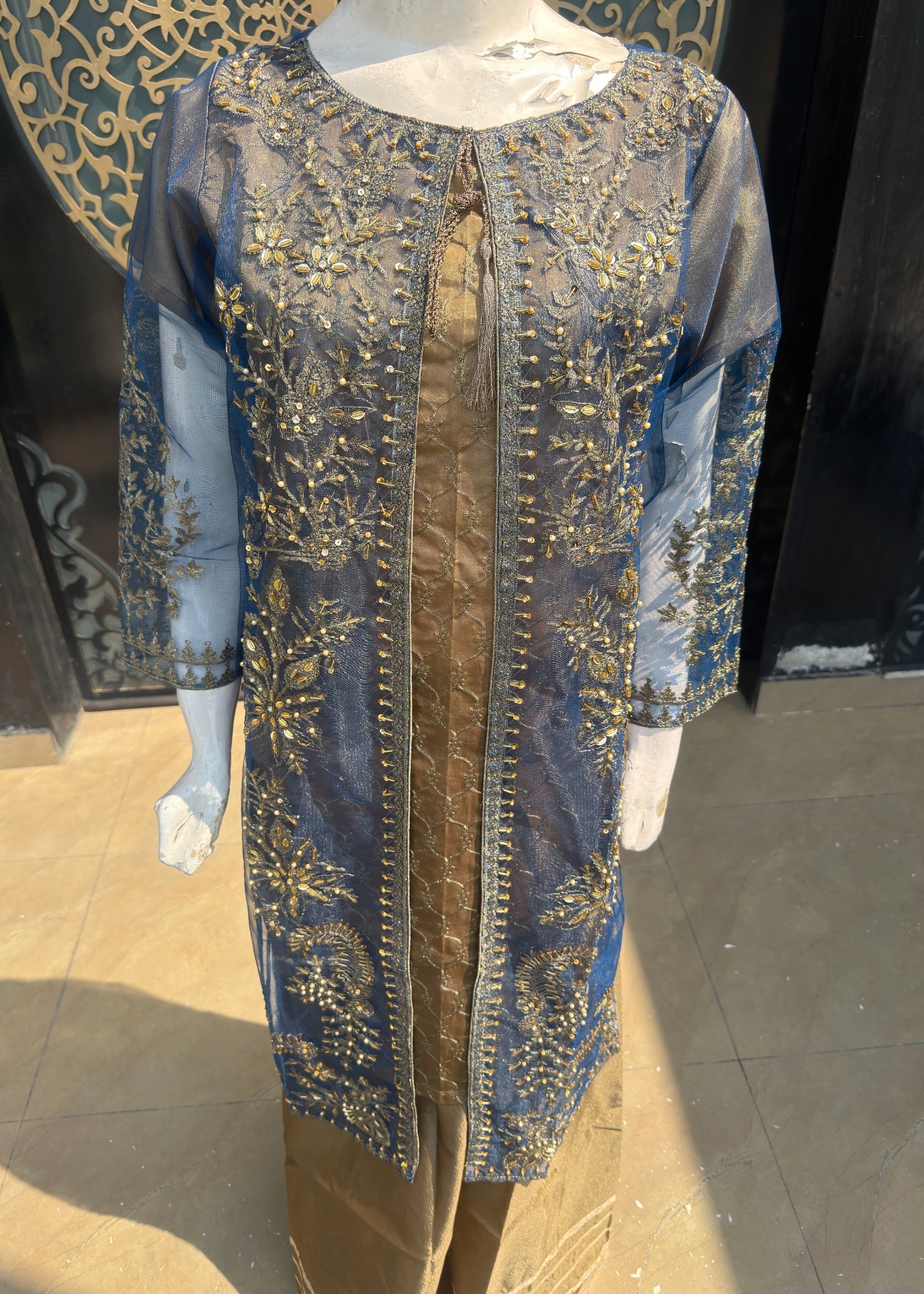 silk Gown in Blue, camel brown