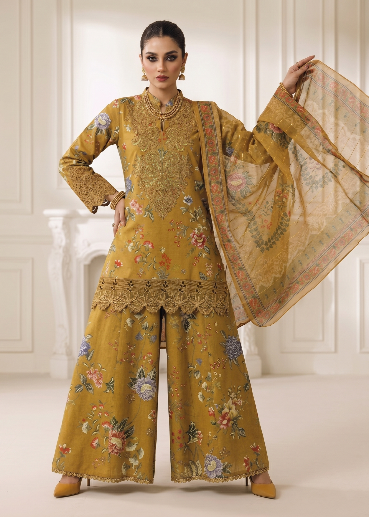 lawn Sharara in Mustard