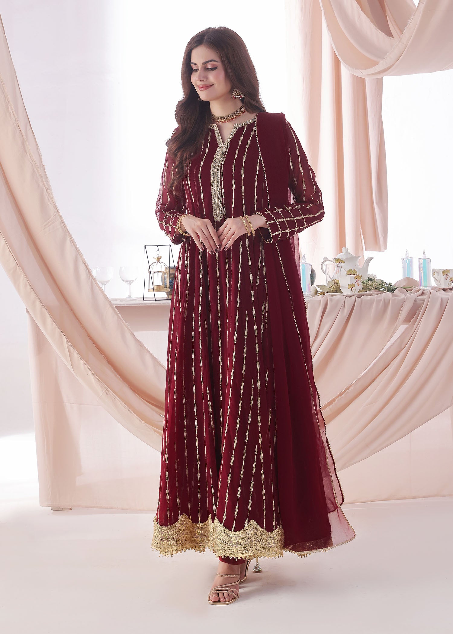 chiffon Anarkali in Maroon