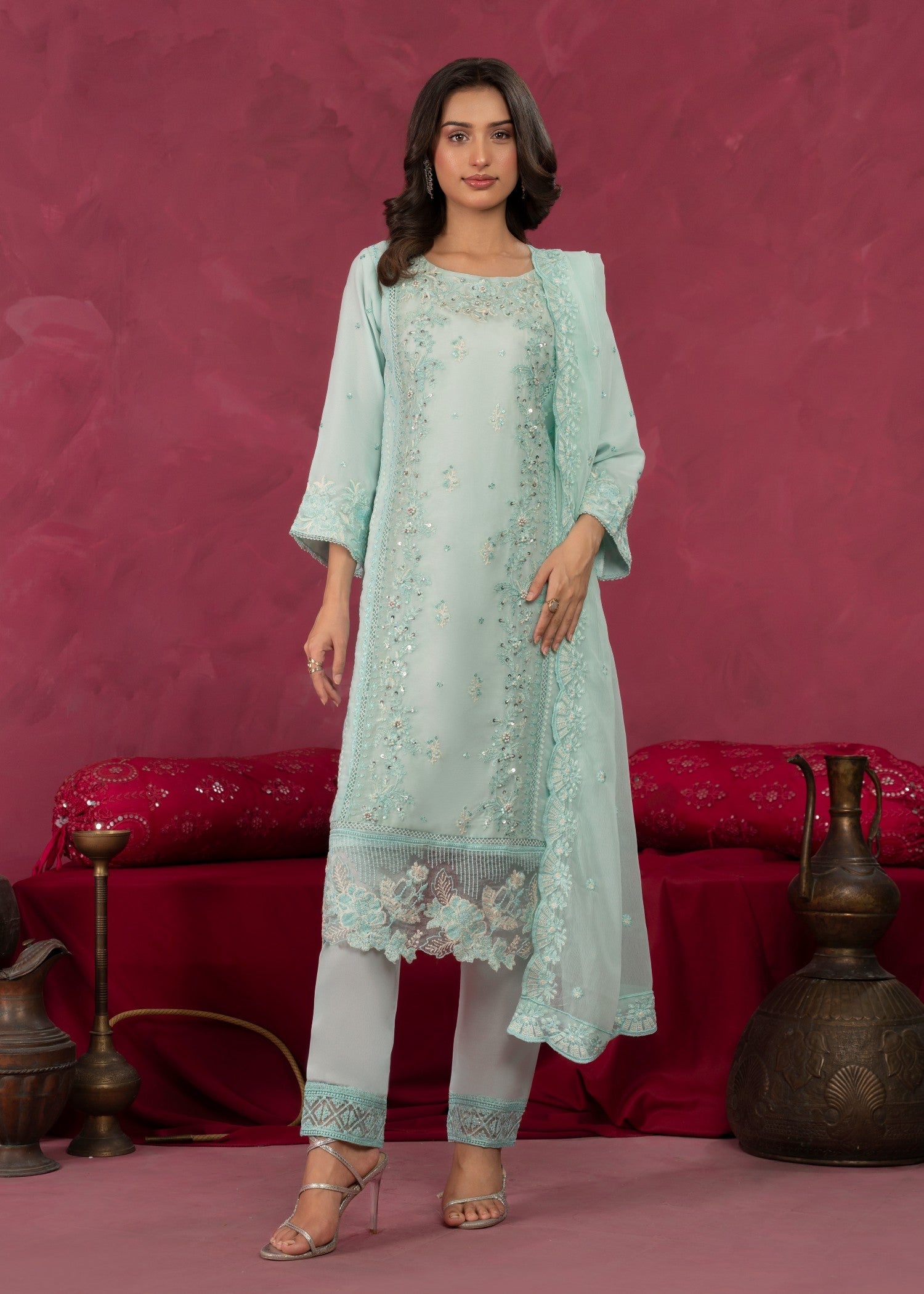 chiffon Kurta Set in Ice blue