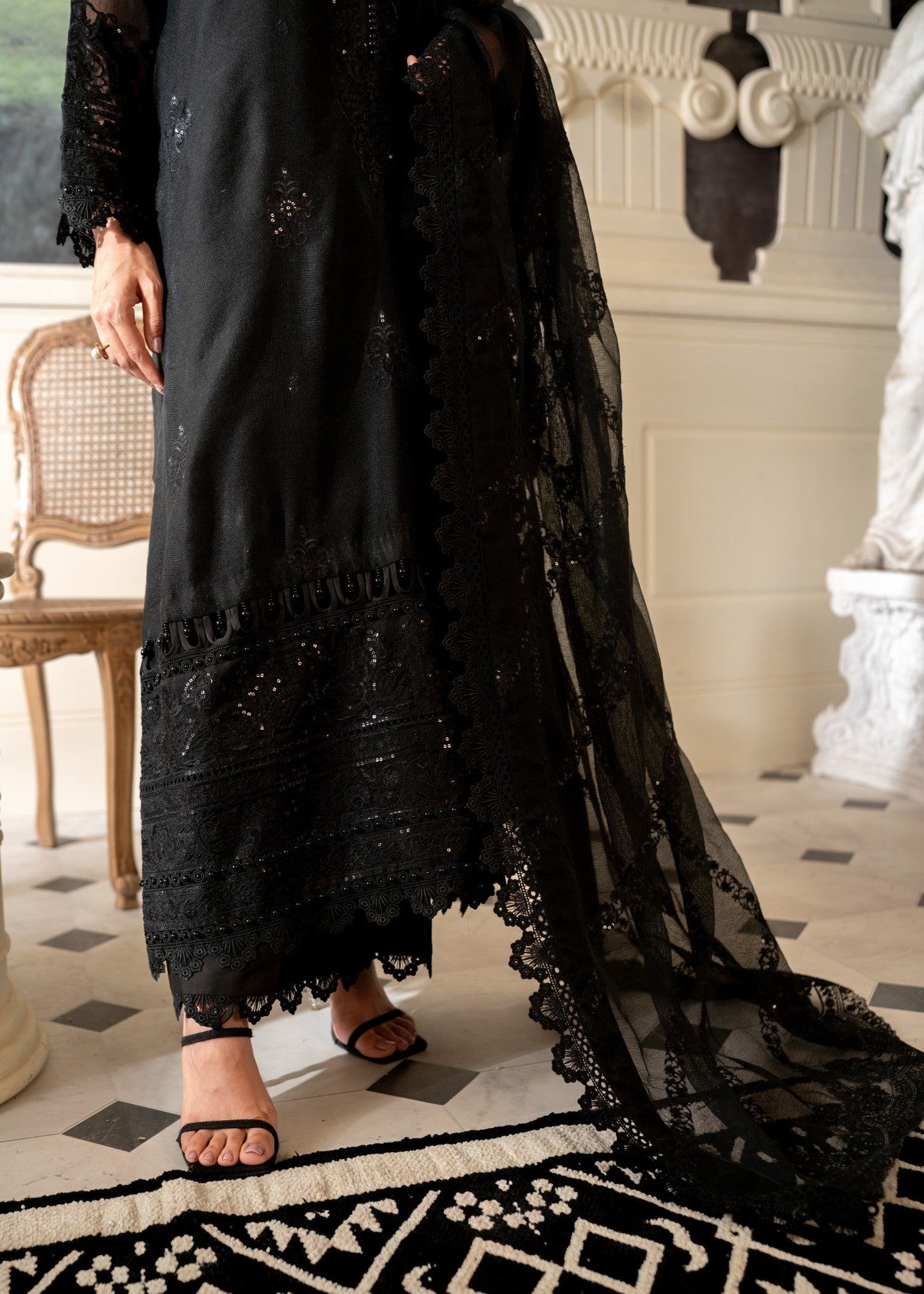 cotton net Unstitched in Black