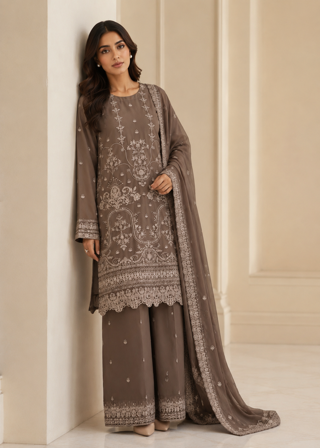 chiffon Kurta Set in Caramel brown