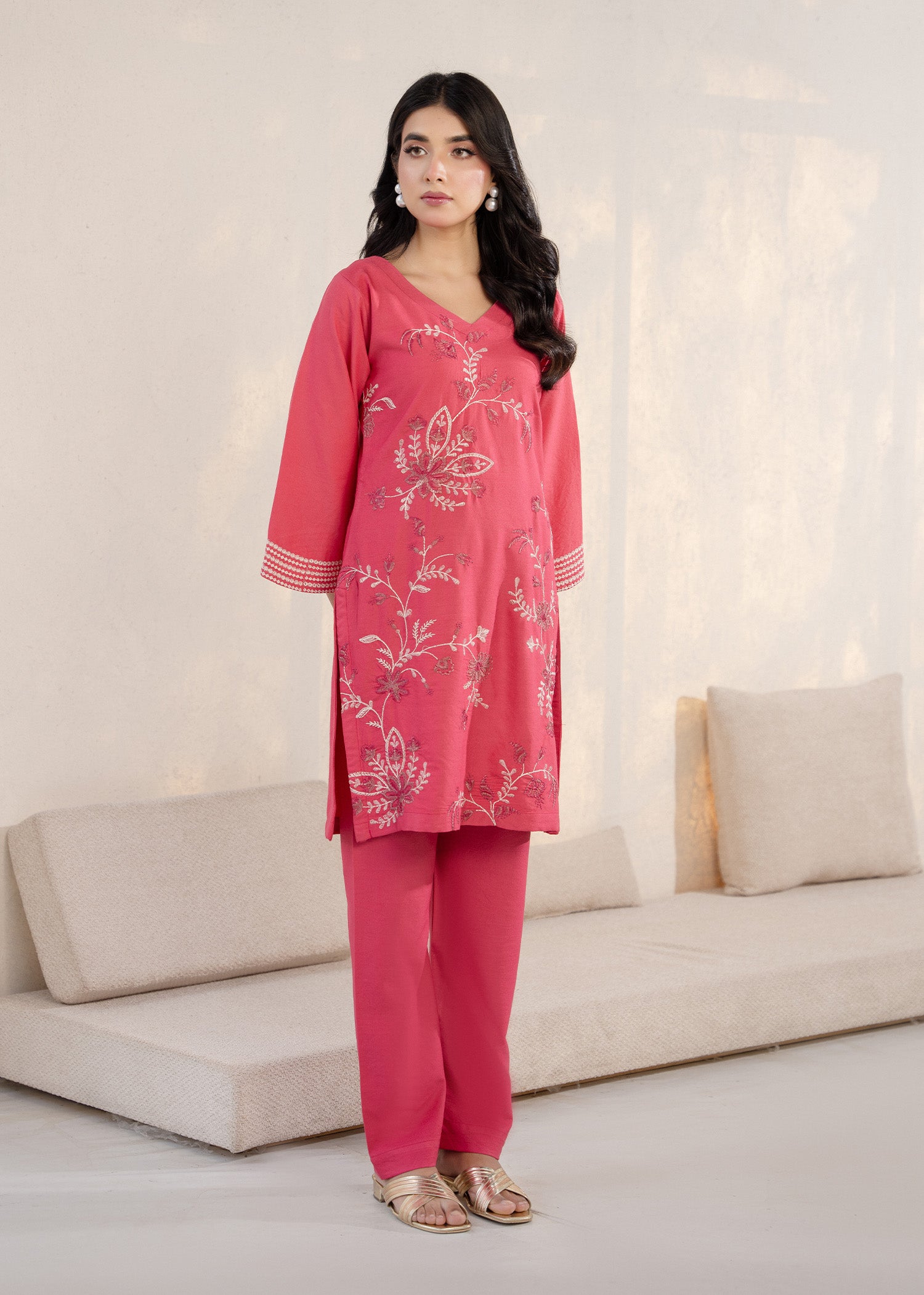 wool viscose Kurta Set in Shocking pink