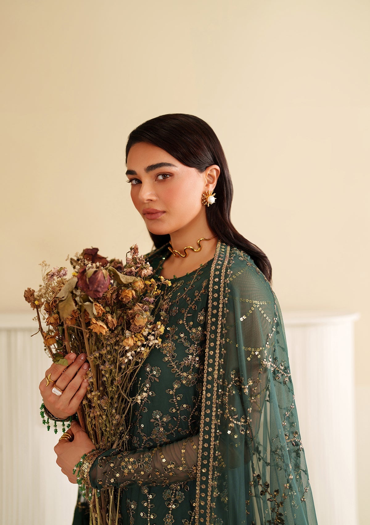 khaddi net Kurta Set in Green
