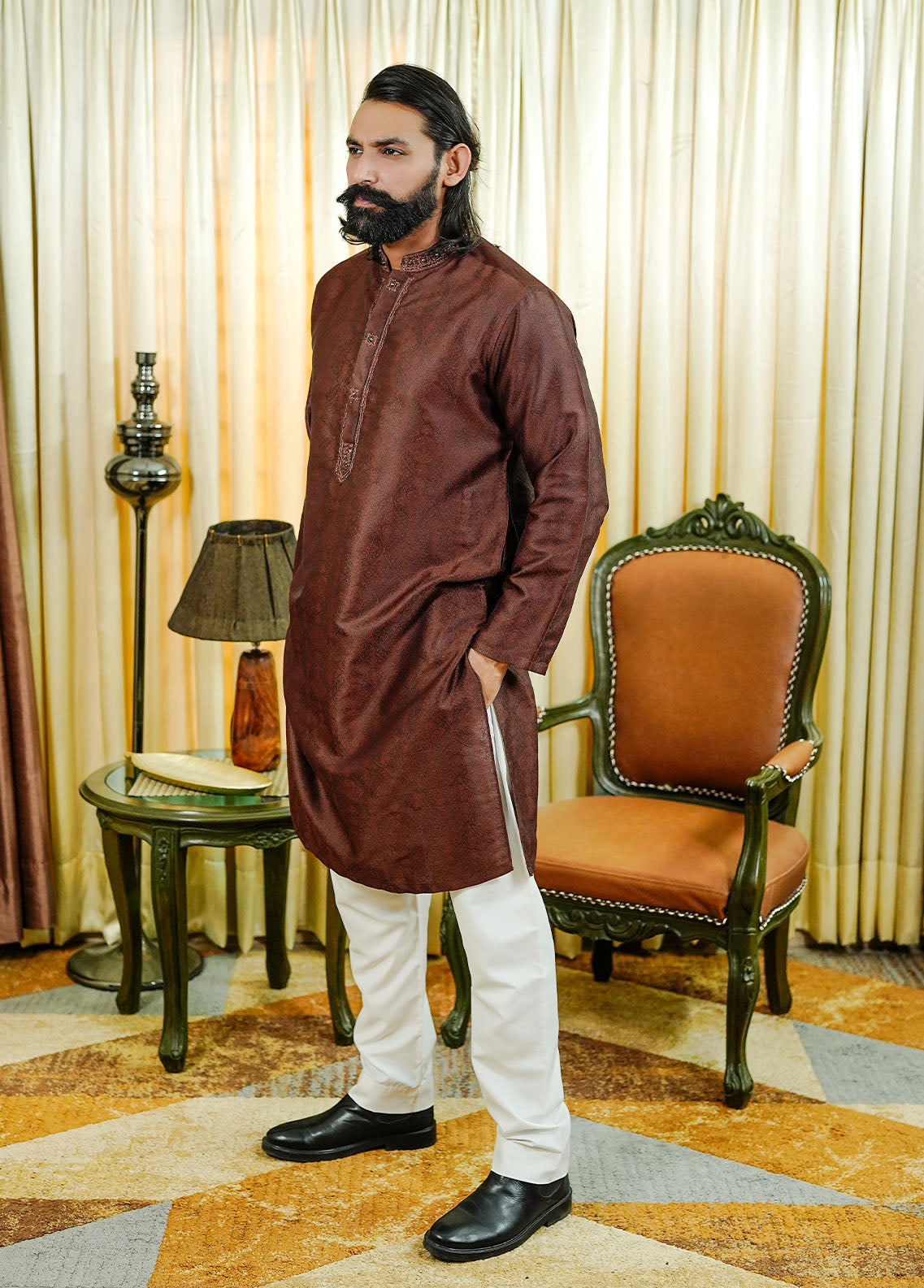 traditional jamawar Kurta in Brown