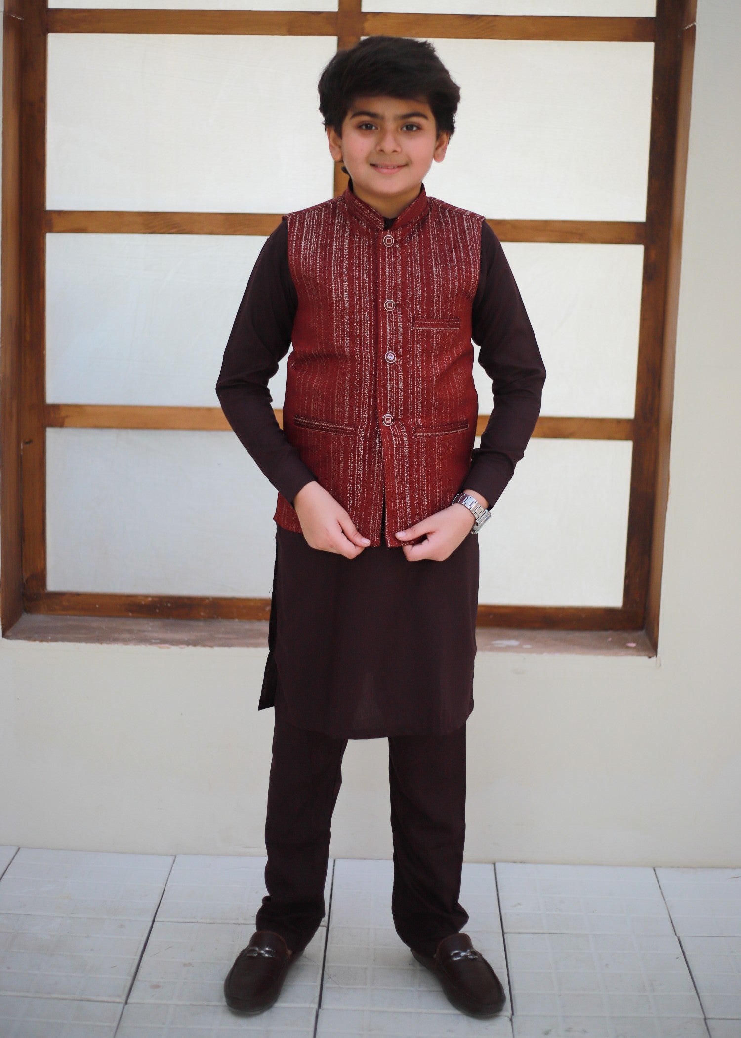 jamawar Waistcoat in Rose red
