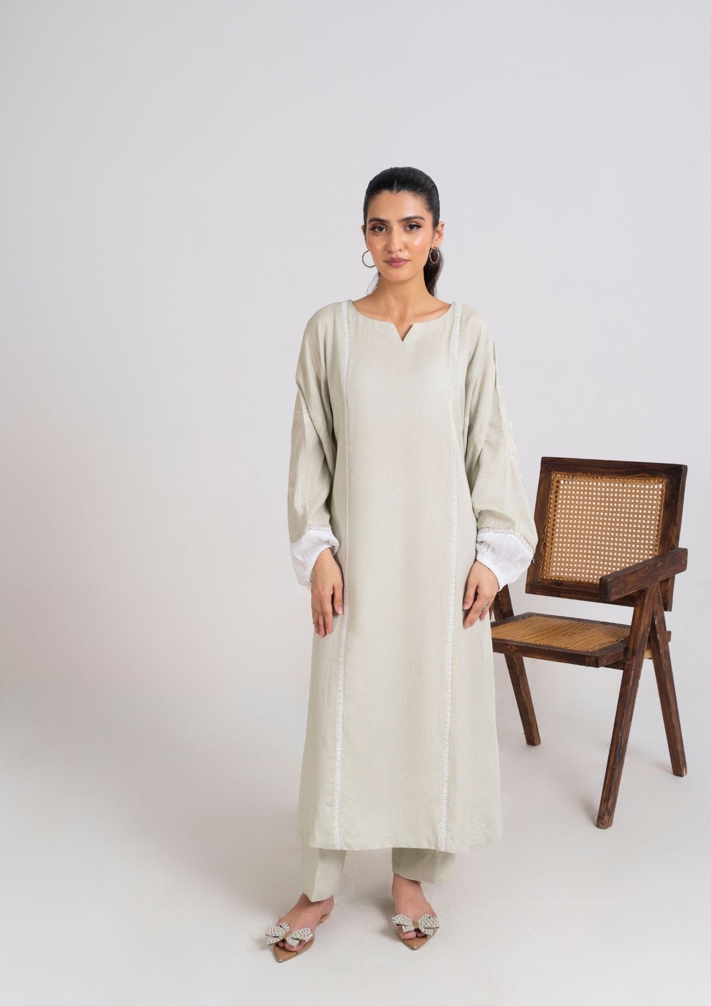 silk karandi Kurta Set in Sage green