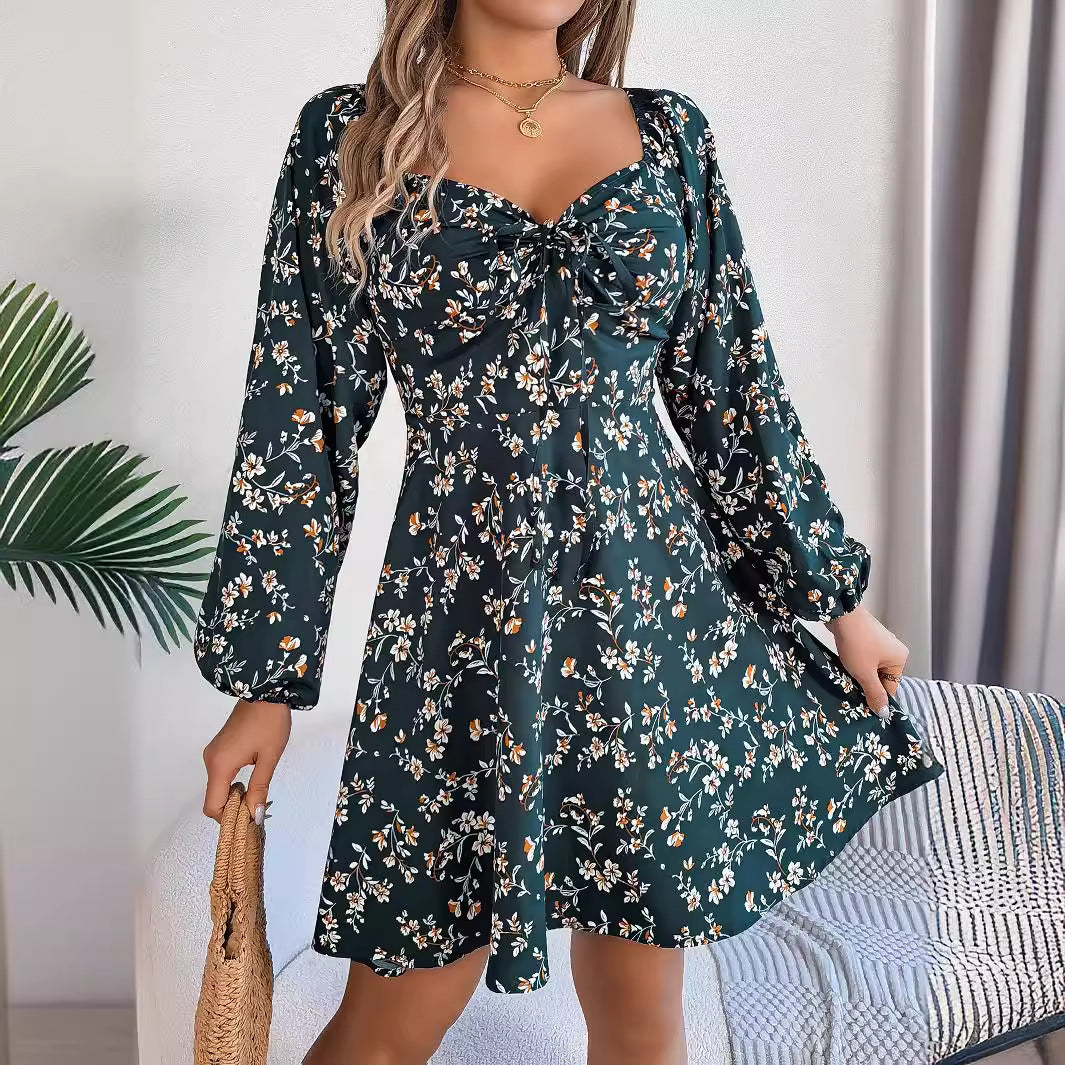 Casual Lace Up Square Collar Floral Print Long Sleeve A- Line Dress