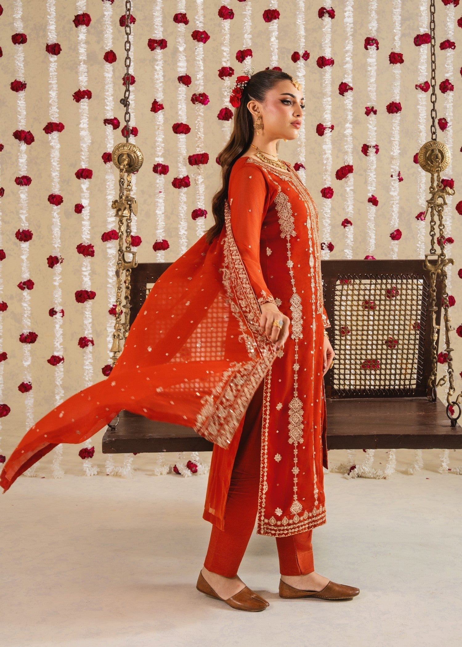 chiffon Kurta Set in Rust red