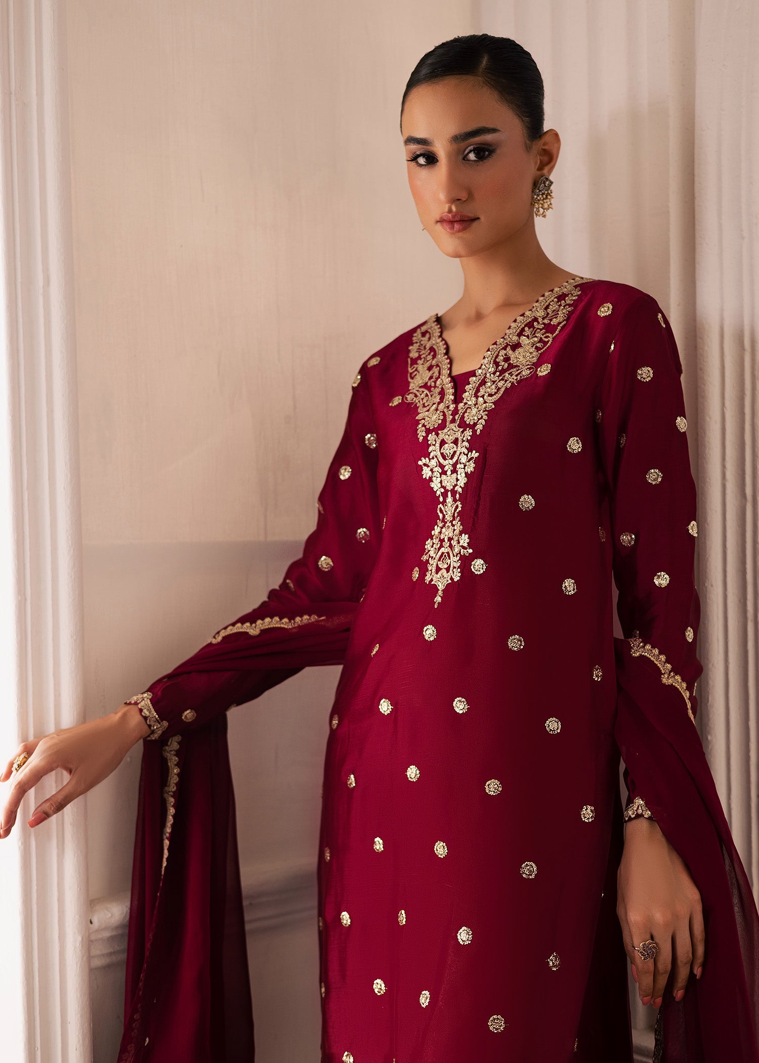 thai silk Kurta Set in Burgundy