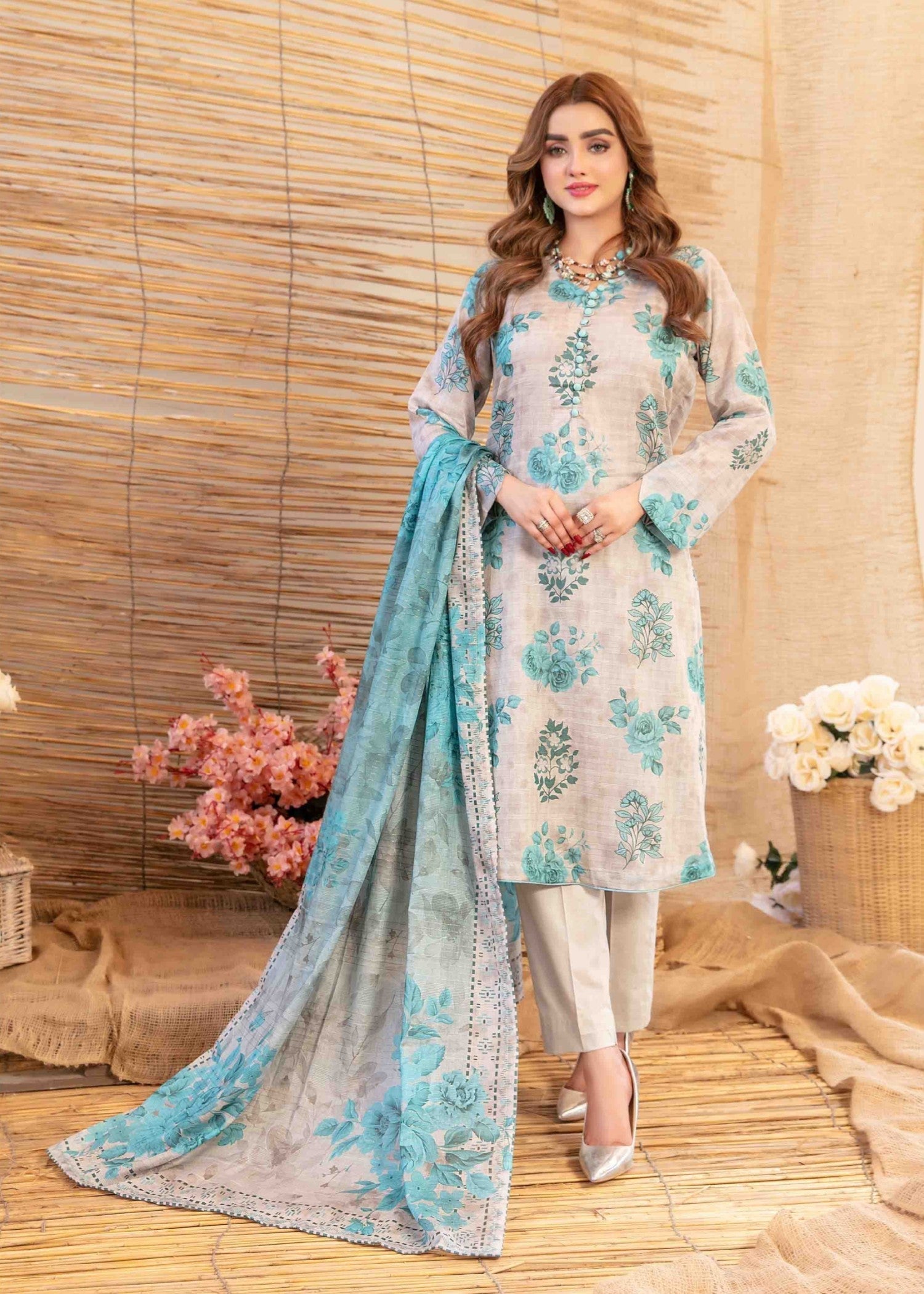 slub lawn Kurta Set in Sky blue, pastel grey