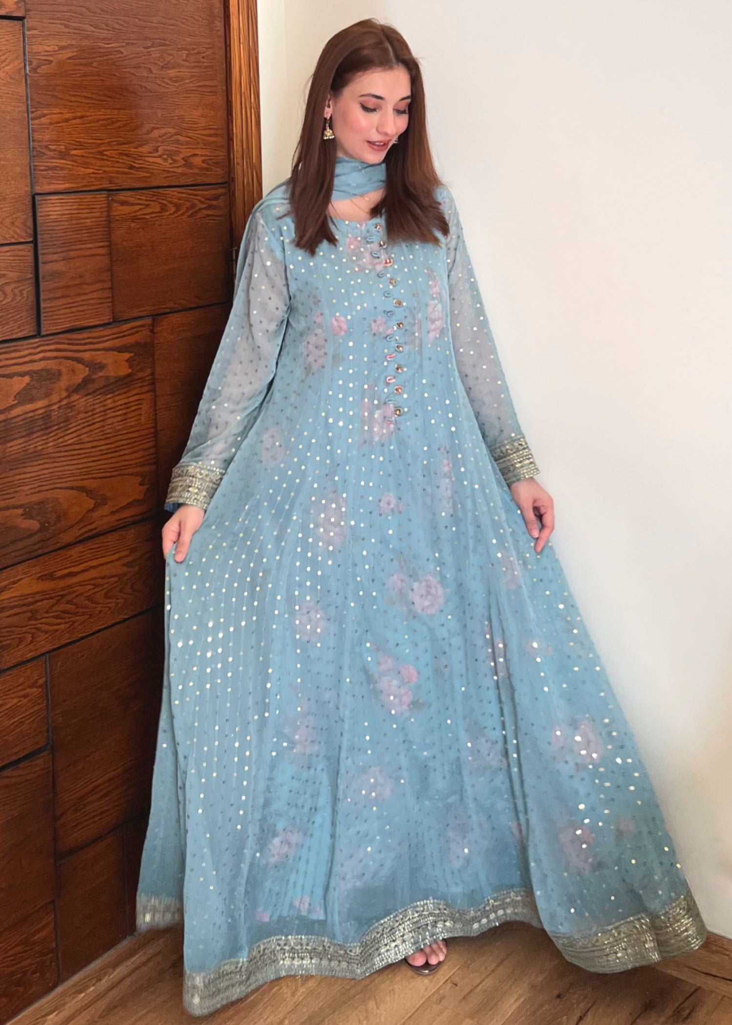 chiffon Pishwas in Ice blue
